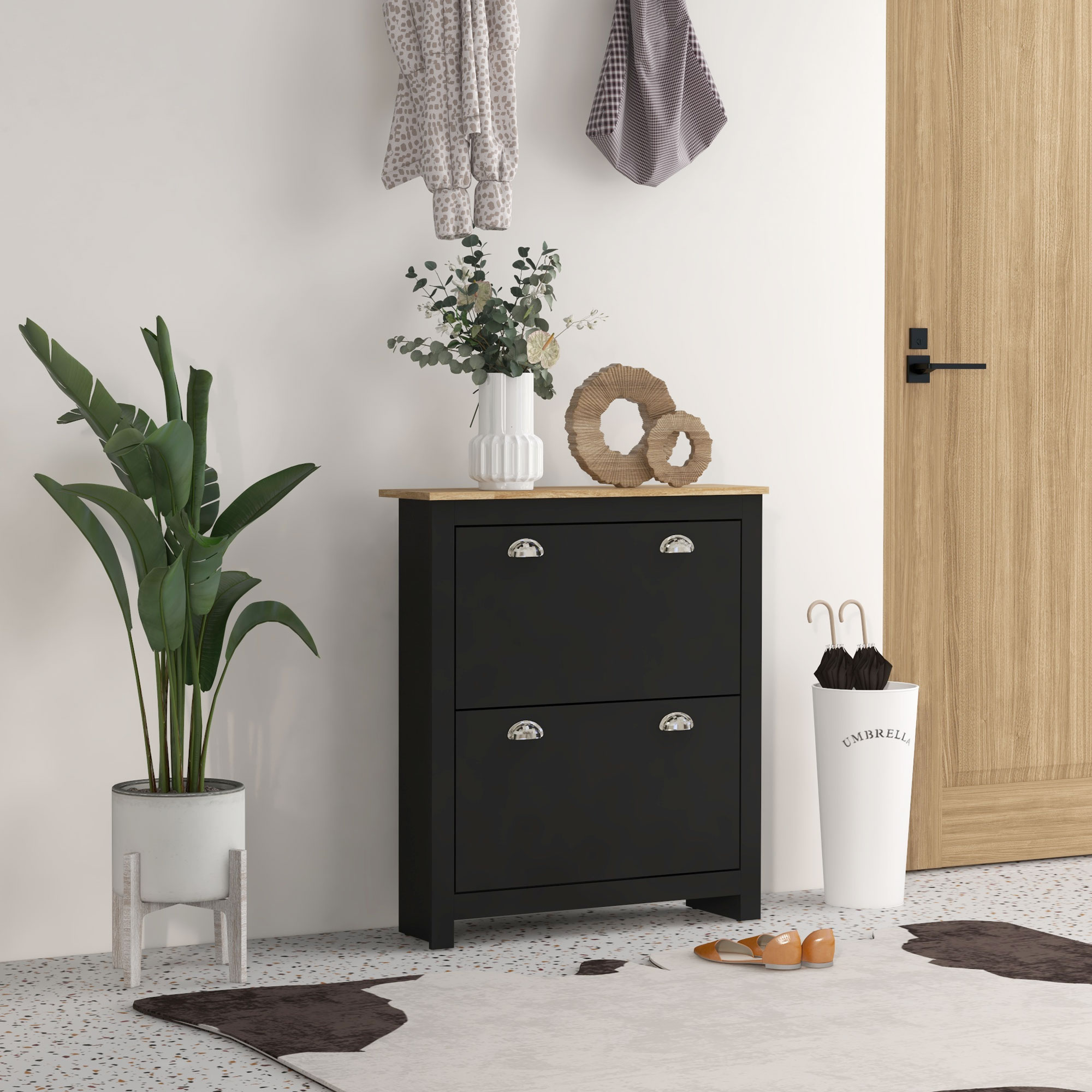 HOMCOM Schuhschrank 2klappbare Türen 2 Fächer silberne Metallmuschelgriffe 79 x 23 x 90,5 cm Schwarz Eiche