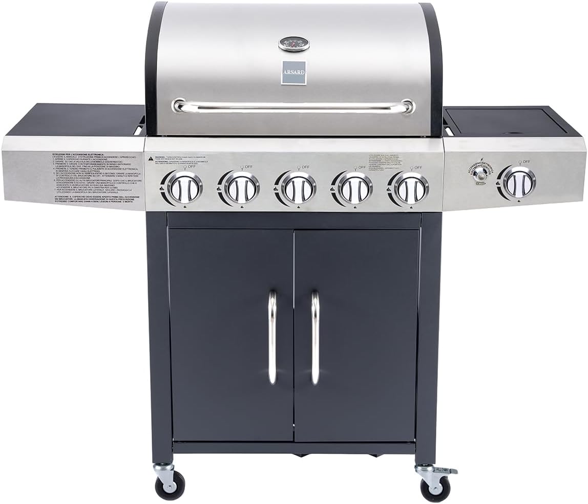 Barbecue a Gas Professionale XXL Con 6 Fuochi Multifunzione Da 19 KW, Completo Di Bruciatore Laterale, Coperchio, Termometro, Griglia In Ghisa, Ruote, Portabombola E Struttura In Acciaio Inox