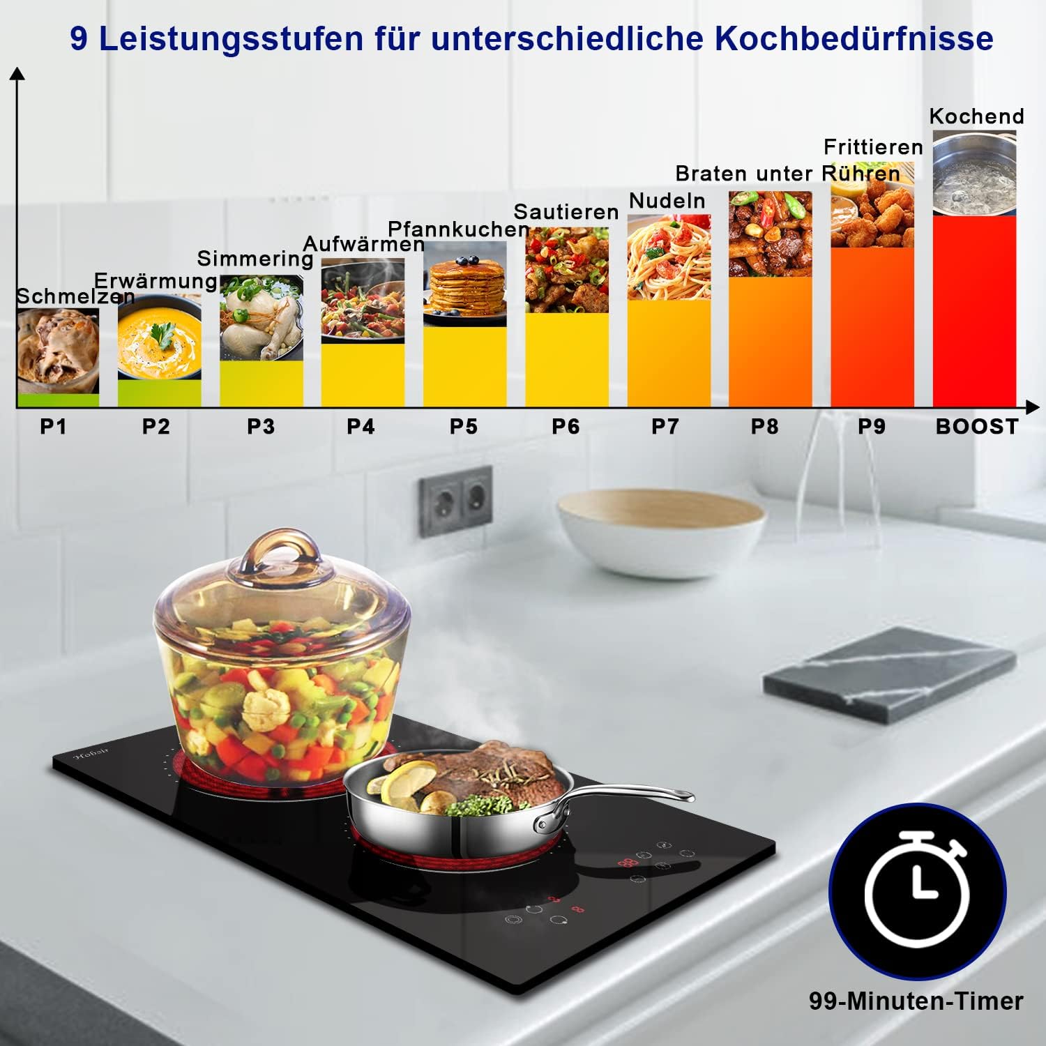 Glaskeramikkochfeld 4 Zonen Kochfelder Sensor-touch Control Kochfeld Autark 60cm, 6000W, 9 Leistungsstufe, verkabelt, kein Stecker