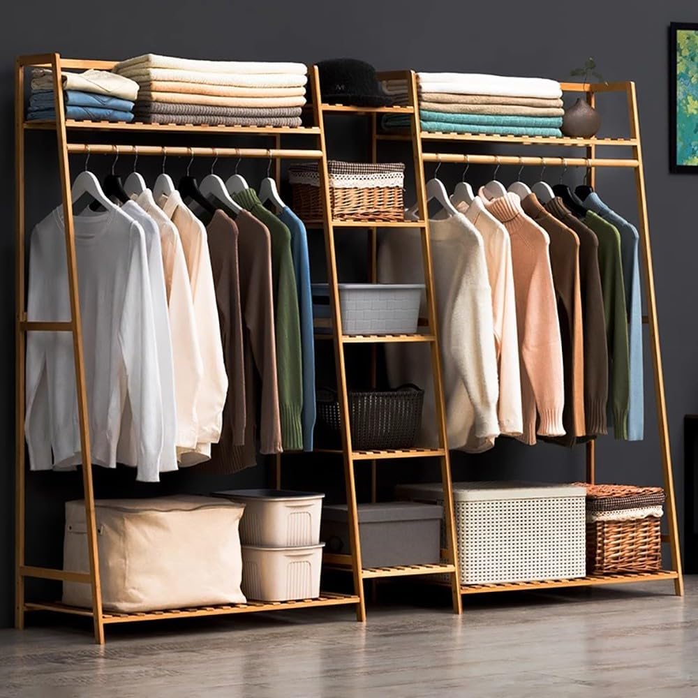 Stand Appendiabiti in Legno, Multifunzionale Appendiabiti Portatile, Armadio Aperto Appendiabiti, Appendiabiti da Terra in Bamboo per Vestiti Cappelli Scatola per Scarpe,L130CM