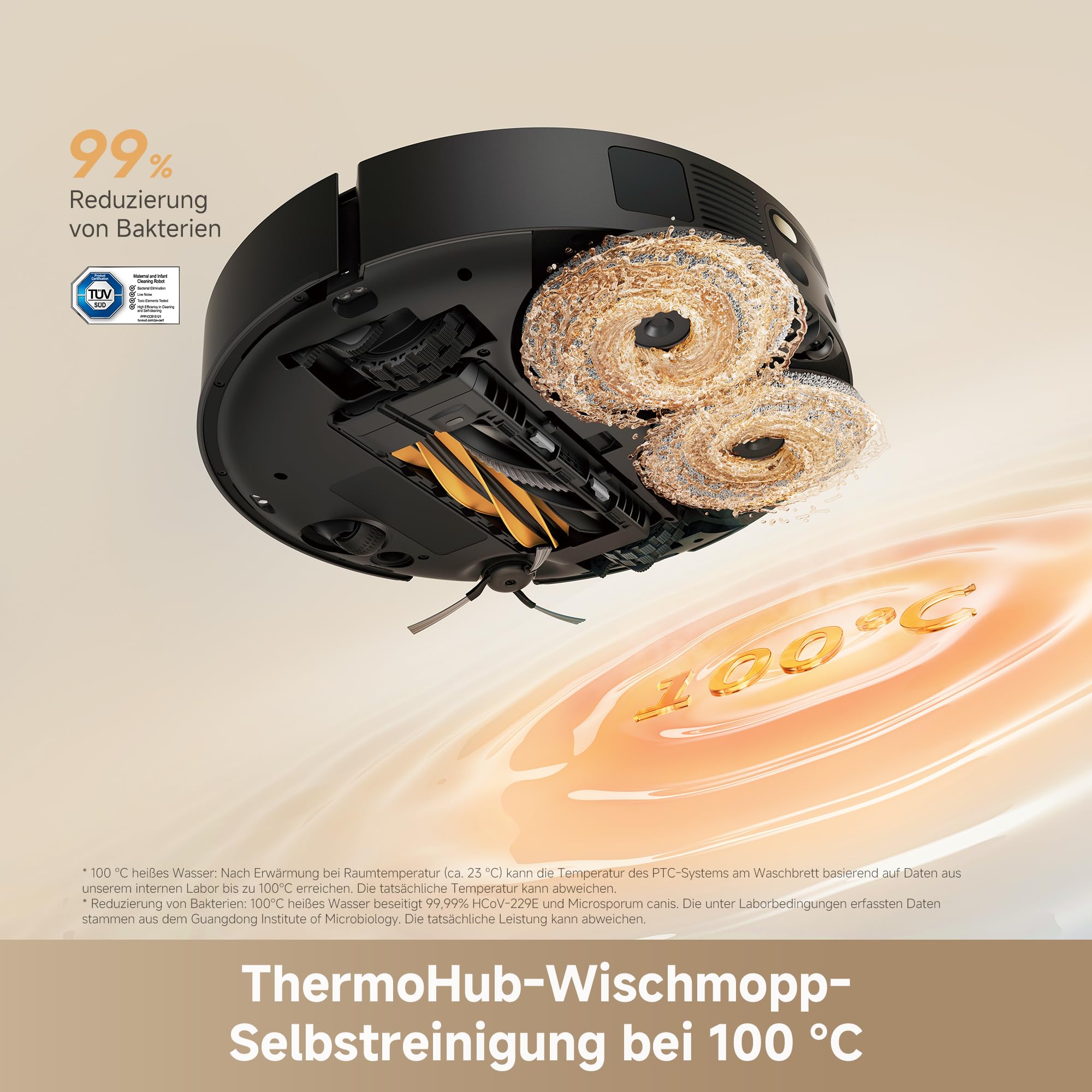 Saugroboter mit Wischfunktion und 30.000 Pa Vormax-Saugkraft, ThermoHub-Wischmopp-Selbstreinigung bei 100 °C sowie automatischer Absaugstation