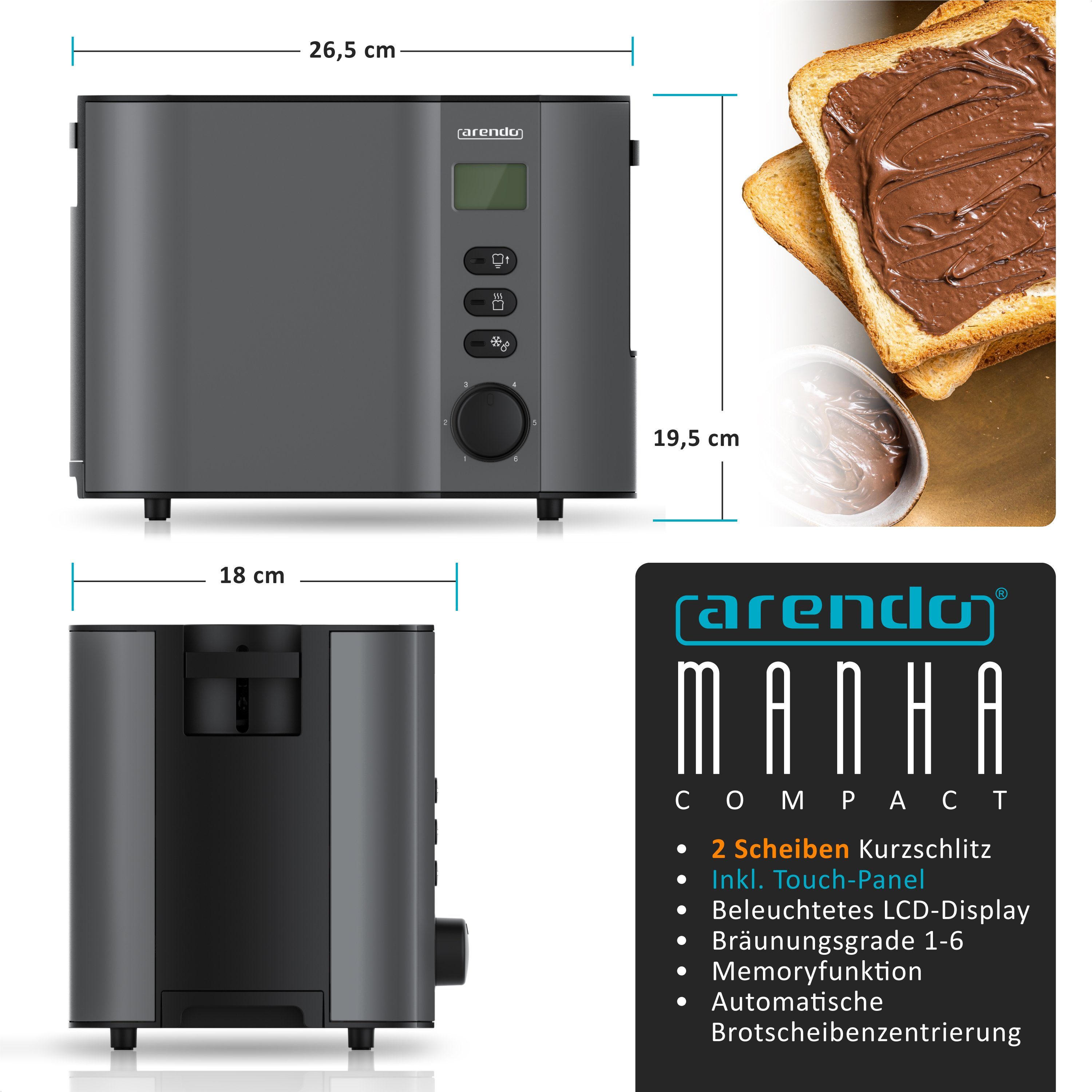 Toaster Edelstahl, 2 Scheiben Kurz, Kurzschlitz, Display, Restzeitanzeige