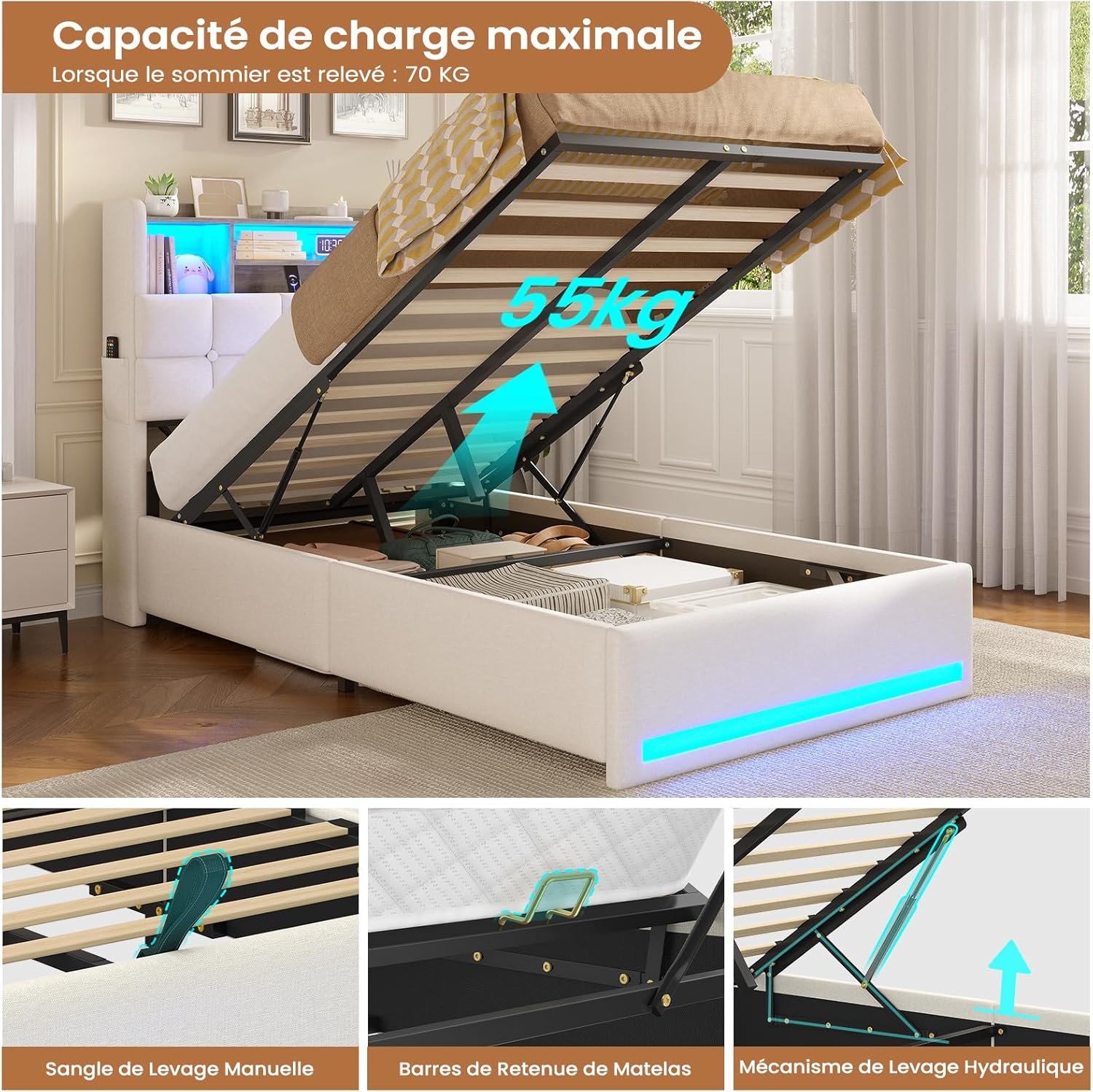 AOGLLATI Polsterbett 90×200cm Hydraulisches Stauraumbett mit LED-Bleuchtung Jugendbett mit Ladestation Einzelbett mit Stauraum Kopfteil, Leinenstoff, ohne Matratze (Beige, 90x200cm)