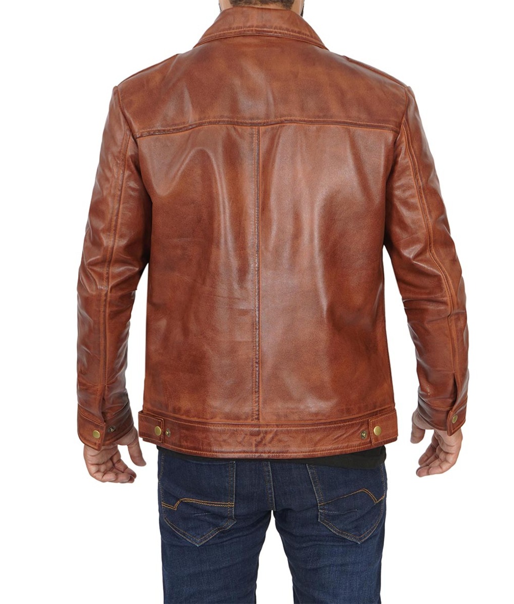 Mens Shirt Collar Brown Leather Jacket