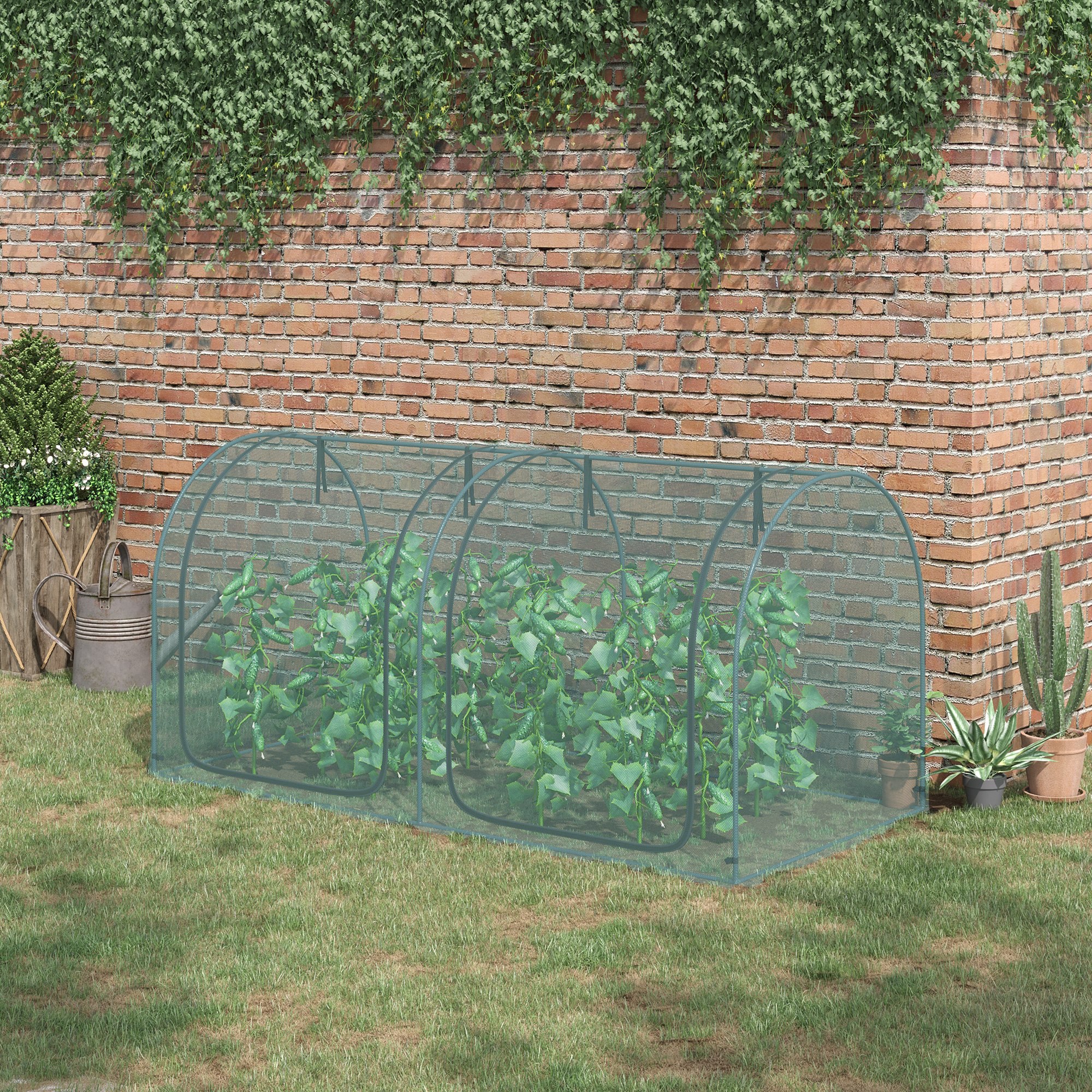 Outsunny Pflanzenschutznetz, 2 aufrollbare Türen, Stahlrahmen, inkl. Tragetasche, dunkelgrün, 2,49 x 1,2 x 1,2m