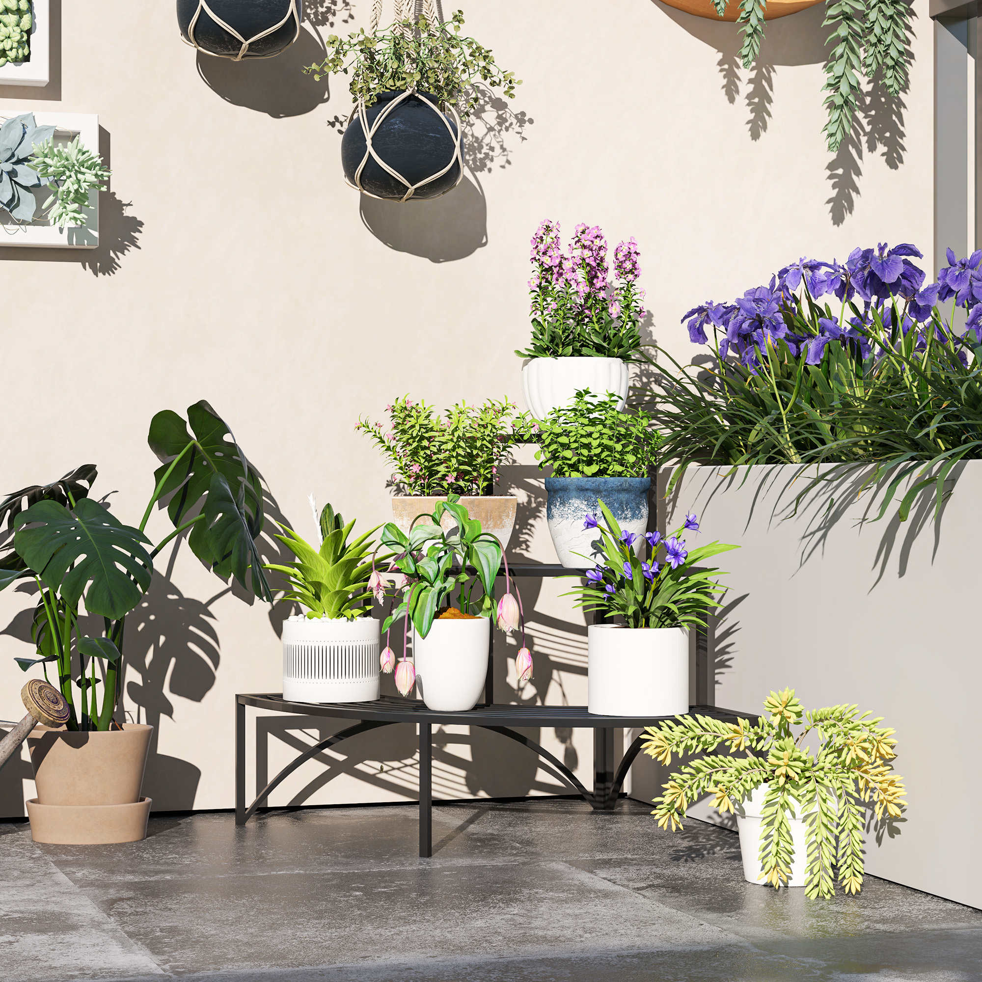 Outsunny Eckpflanzenständer, Blumenständer mit 3 Ebenen, Metall, für drinnen und draußen, Blumentopfständer, Schwarz