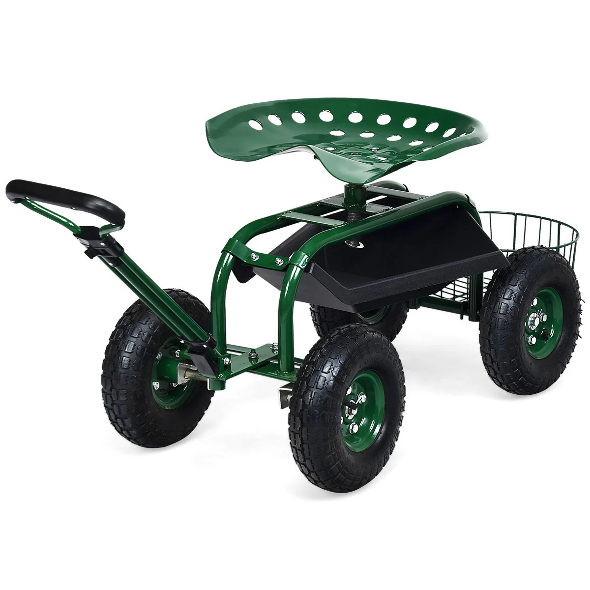 Carrello da giardino con cesto portaoggetti con manico estensibile e 2 vassoi porta attrezzi scooter a 4 ruote 96,5 x 48,5 x 45,5-54,5 cm verde