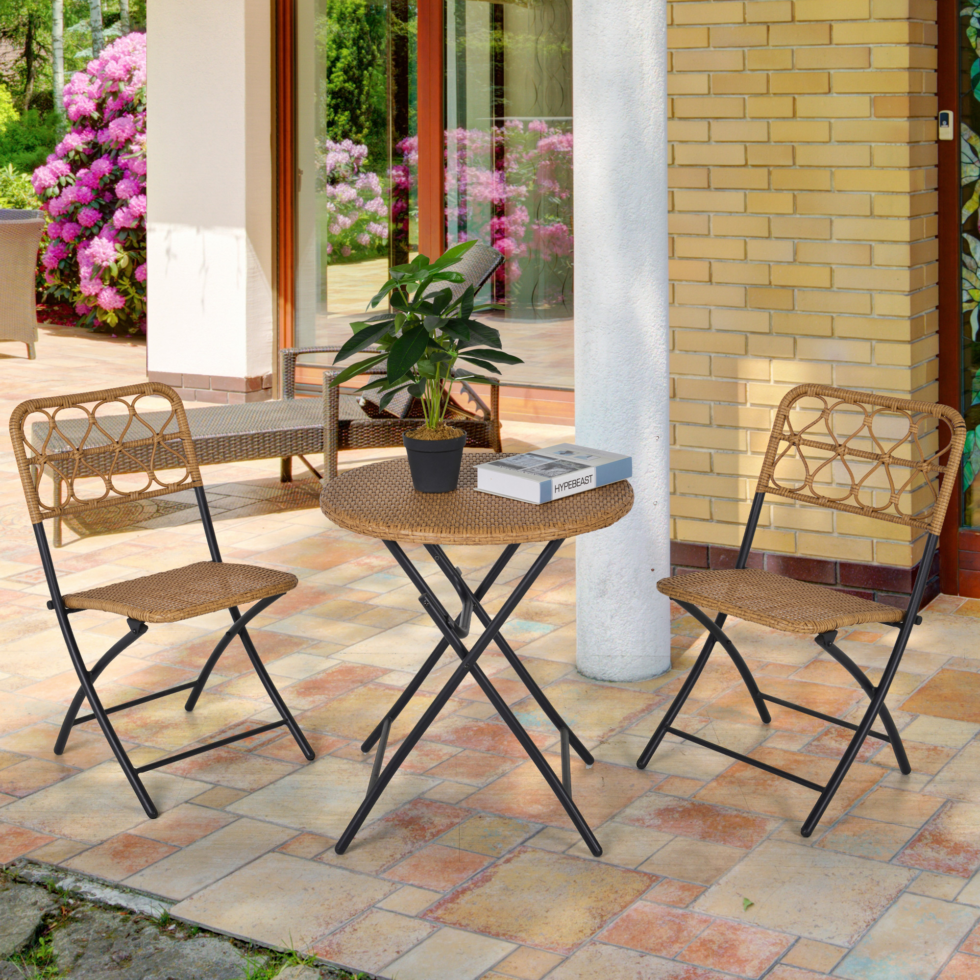 Outsunny Polyrattan Sitzgruppe für 2 Personen Bistroset Balkonmöbel Set Klappbar Natur
