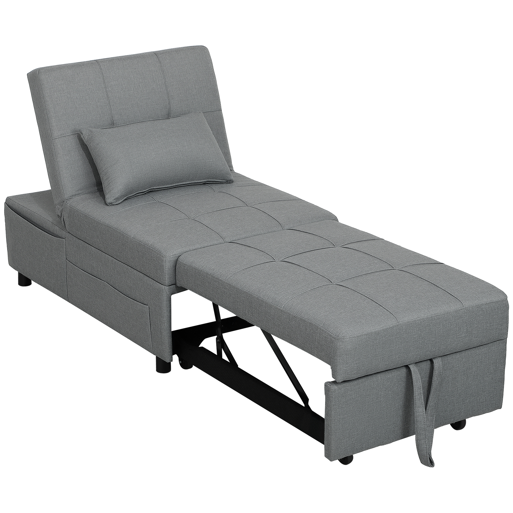 HOMCOM 3-in-1 Klappsessel mit Seitentasche, Gästebett mit Kissen, Verstellbarer Rückenlehne, Bettsessel mit Rollen, Hellgrau