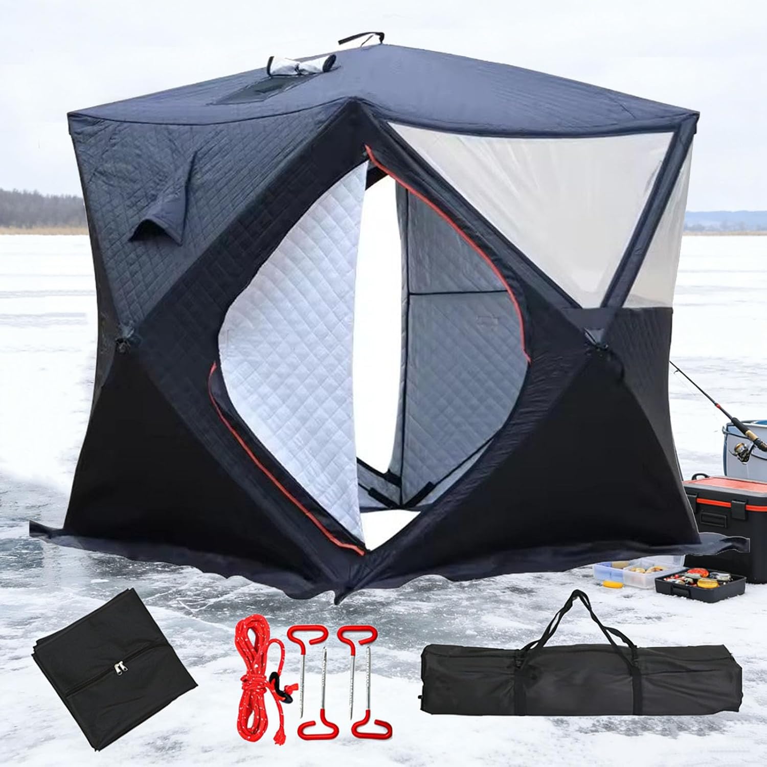 Tragbares Isoliertes Eisangelzelt Für 3-4 Personen, Ideal Für Das Eisangeln Im Freien, Großes Winterzelt Mit 4 Eishaken Und Aufbewahrungstasche, Geeignet Für Camping Und Angeln