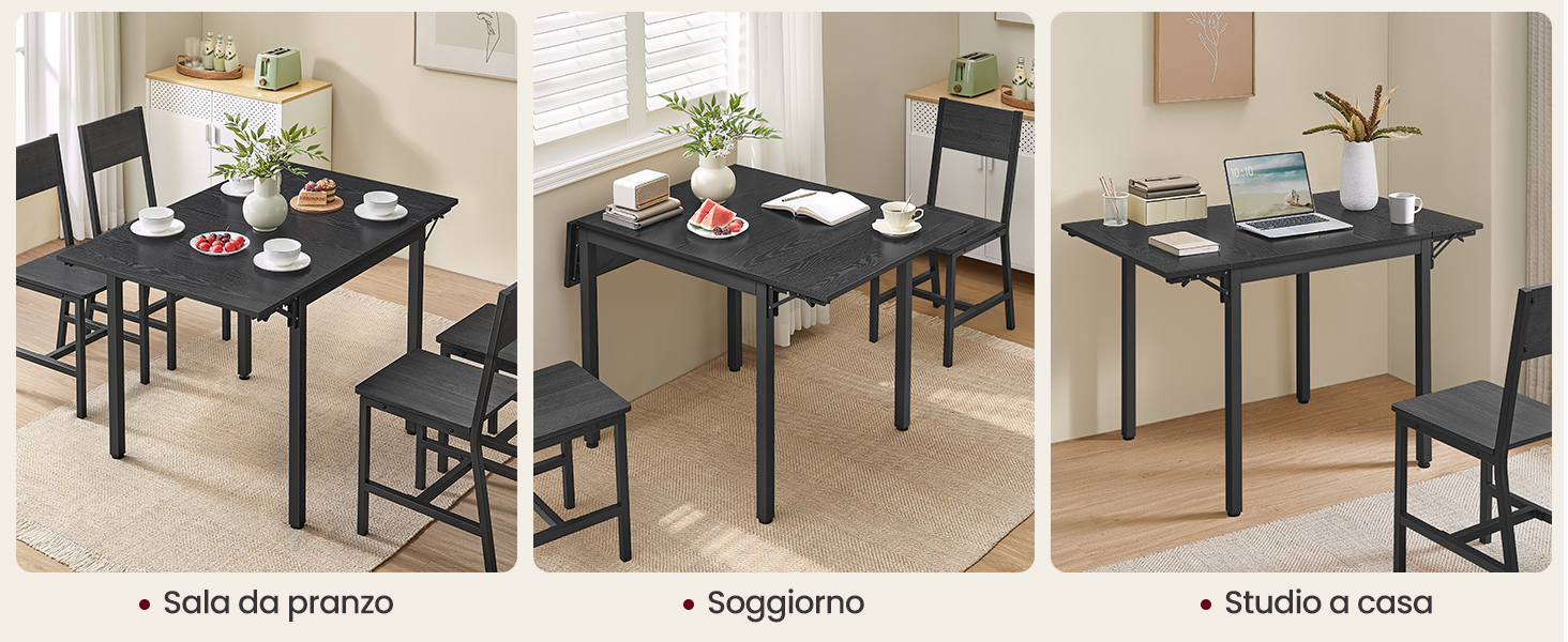 Tre viste di un tavolo da pranzo nero con sedie, mostrato in diverse ambientazioni tra cui sala da pranzo, soggiorno e ufficio a casa.