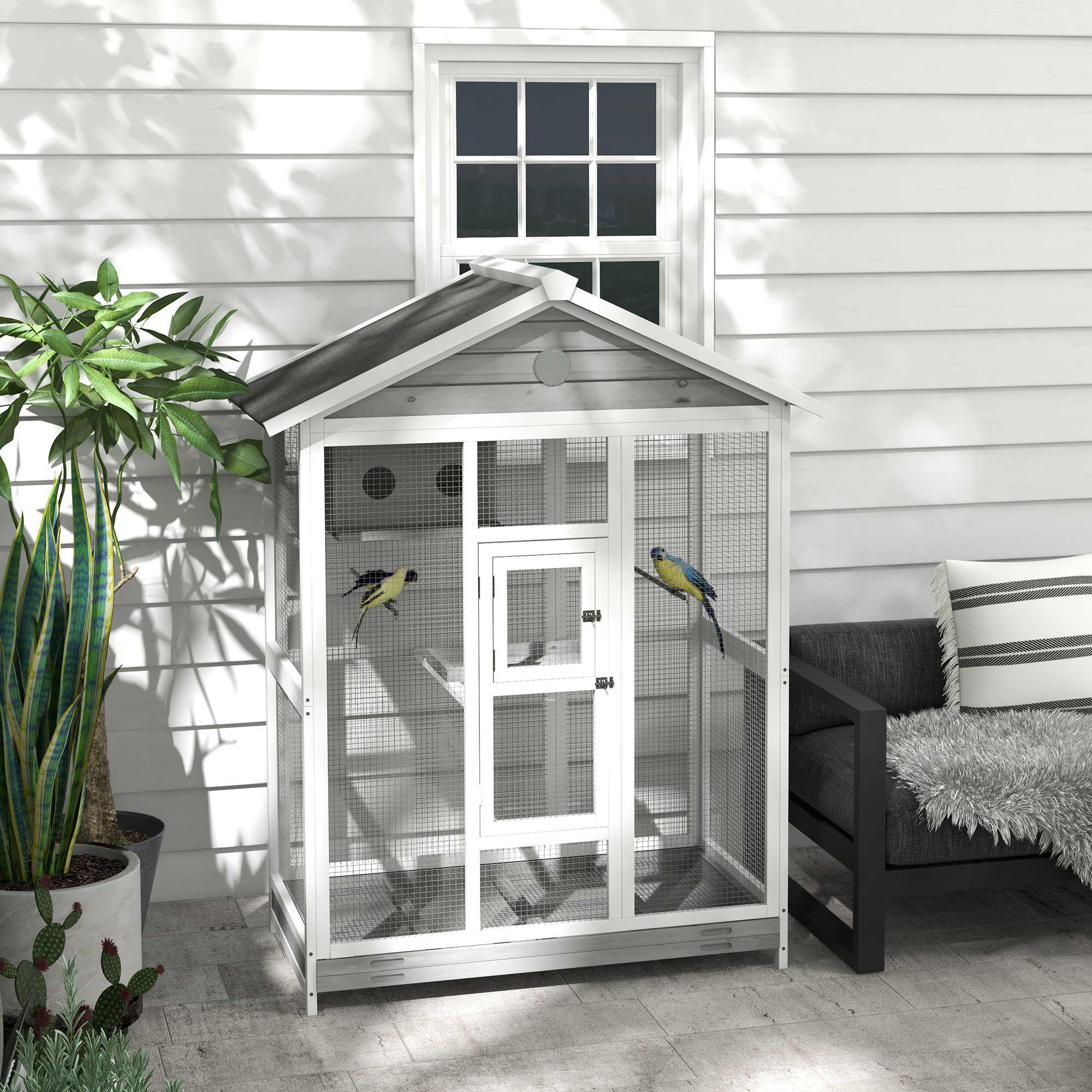 PawHut Houten vogelkooi met 4 zitstokken, asfaltdak, waterdicht, 112 x 68 x 154 cm