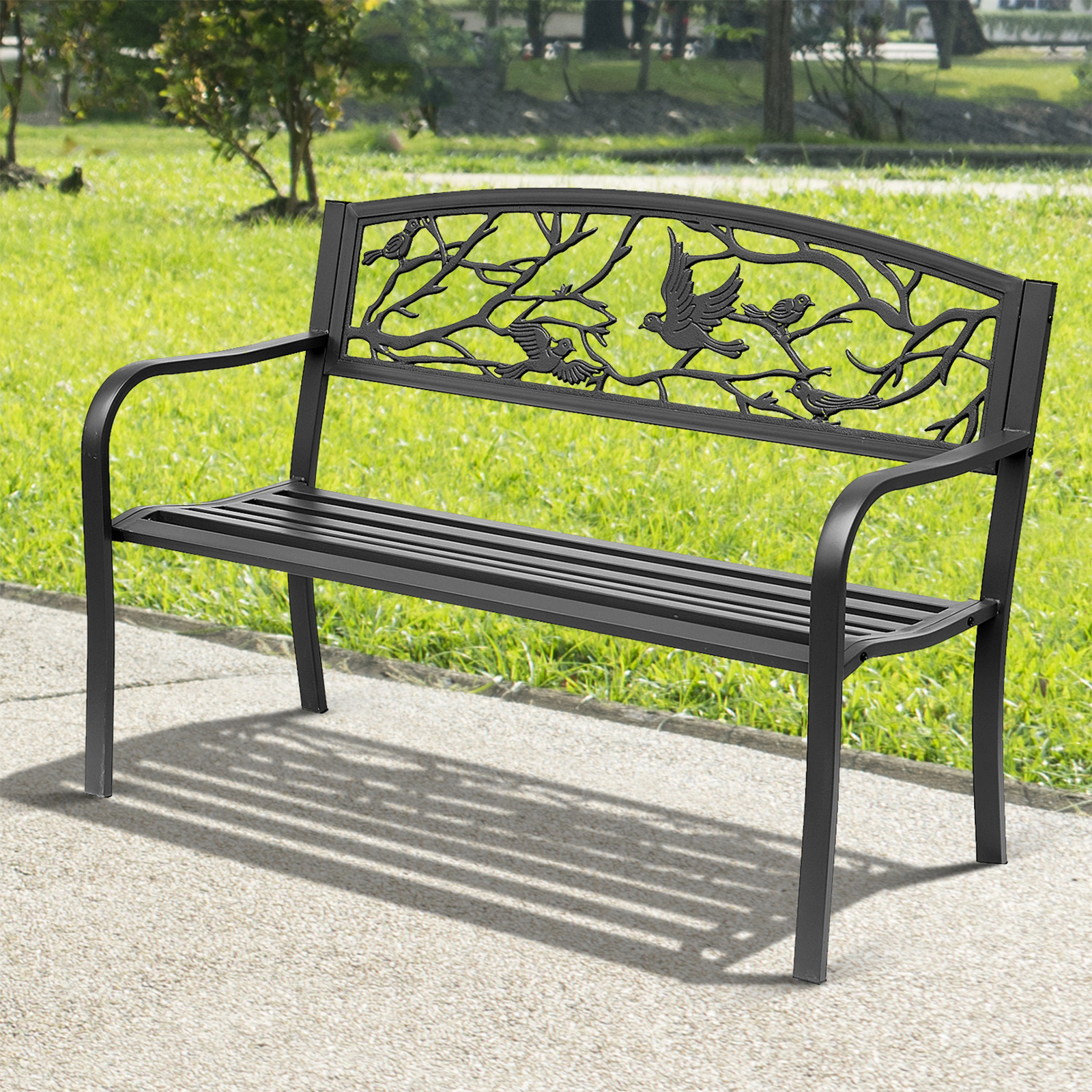 Outsunny Gartenbank 3-Sitzer Bank Terrasse Ländlich Chic 127L x 60B x 85H cm Metall Epoxid Korrosionsschutz Schwarz