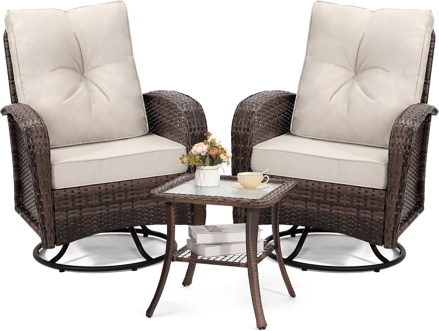 Luxury Outdoor Swivel Wicker Glider Patio Chairs with Table Set  Overstuffed Washable Cushions  Ideal for Porch  Balcony  Deck  Brown Rattan and Beige Cushion
