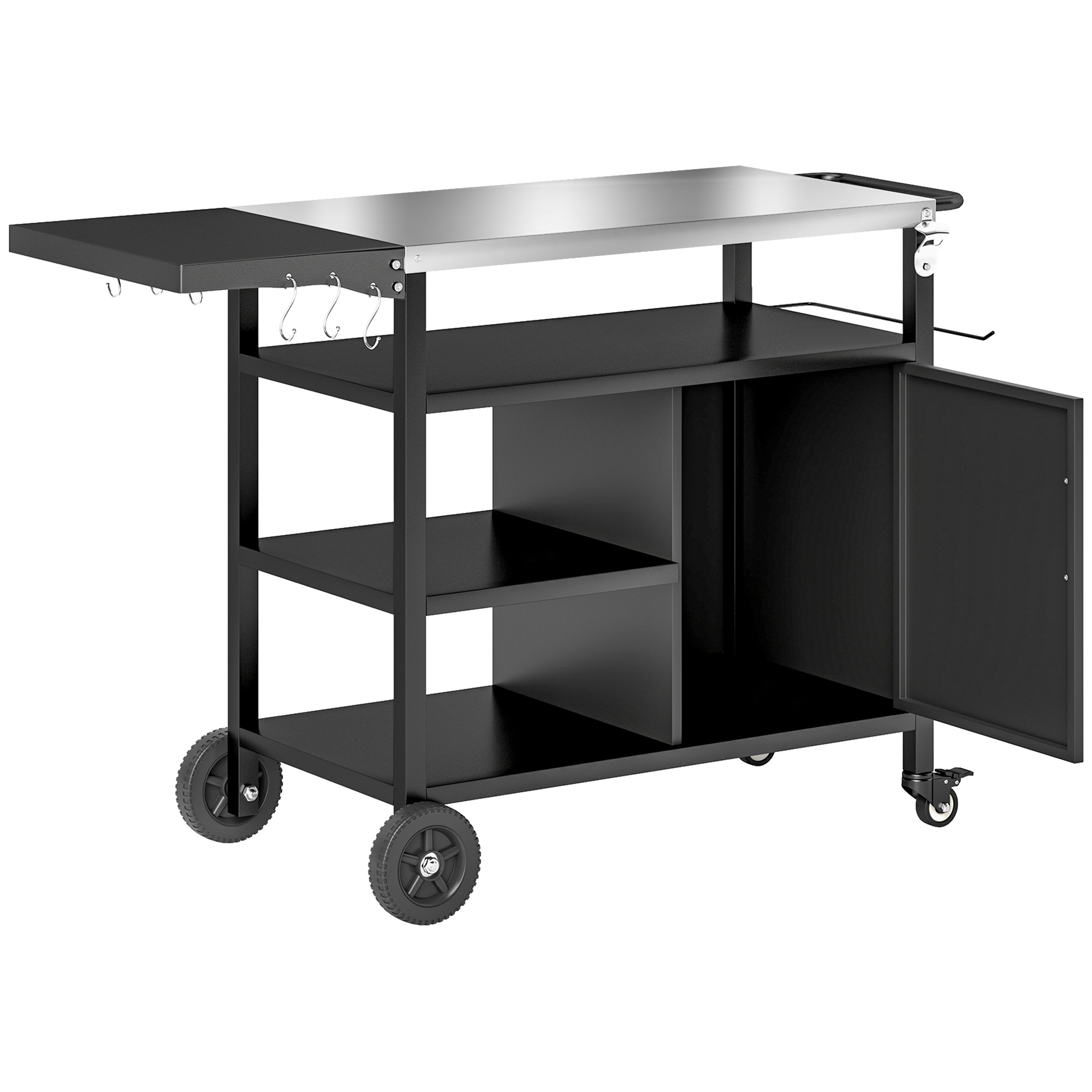 Outsunny Gartenwagen Grillwagen mit Edelstahl-Arbeitsplatte klappbarer Beistelltisch, Haken, Abdeckung, schwarz