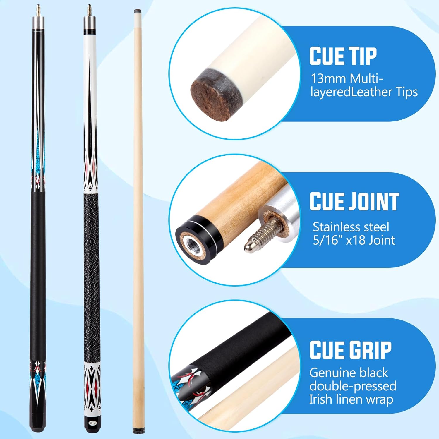 Sinsilvie 13mm 58 Pollici 19 20 Once Stecche Biliardo Pool,1/2 Maple Pool Cue Stick,Bastone da Biliardo da Bar per Uomini e Donne.