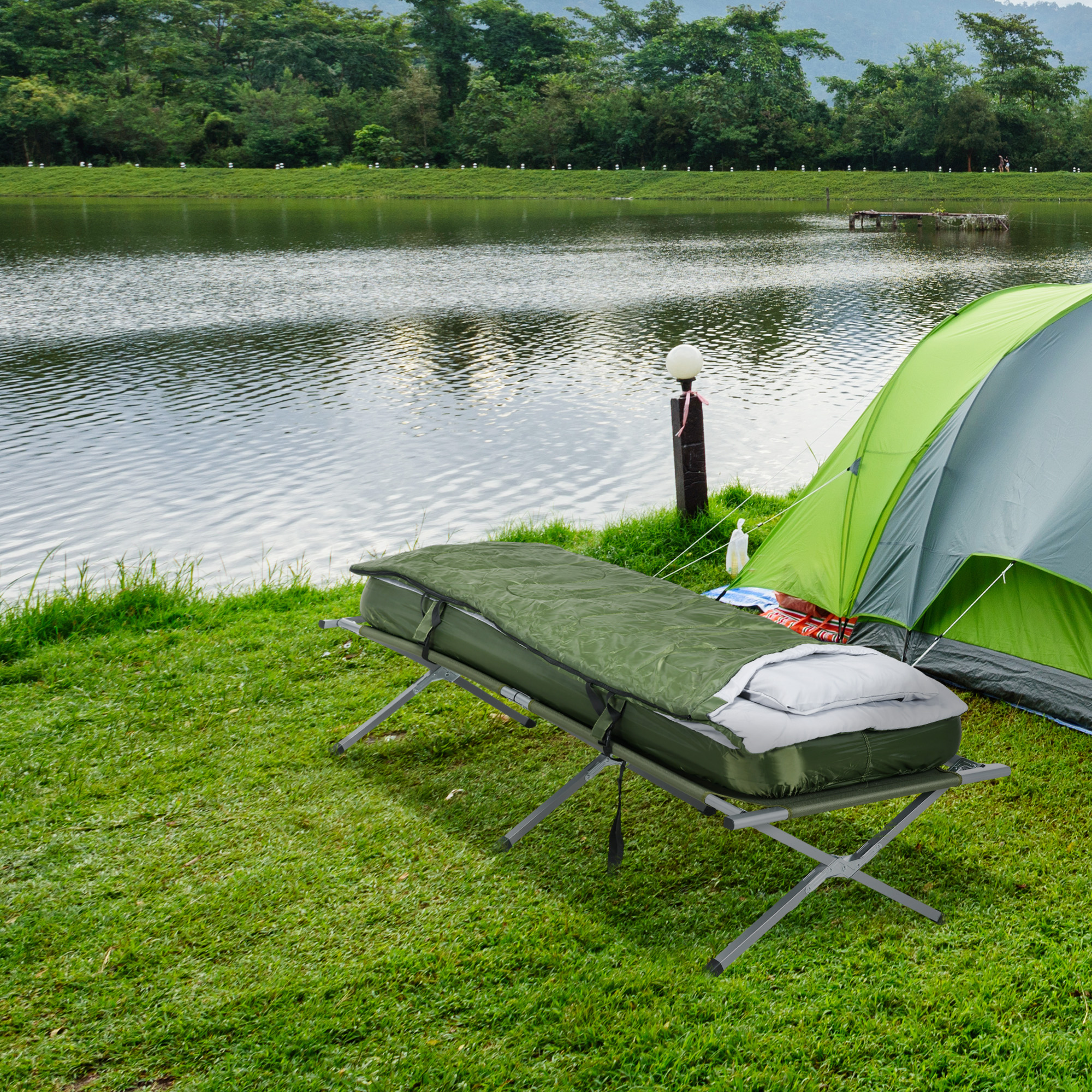 Outsunny Campingbett Feldbett, 5-teiliges-Set, inkl. Transporttasche, 193 x 86 x 43/63 cm, Grün