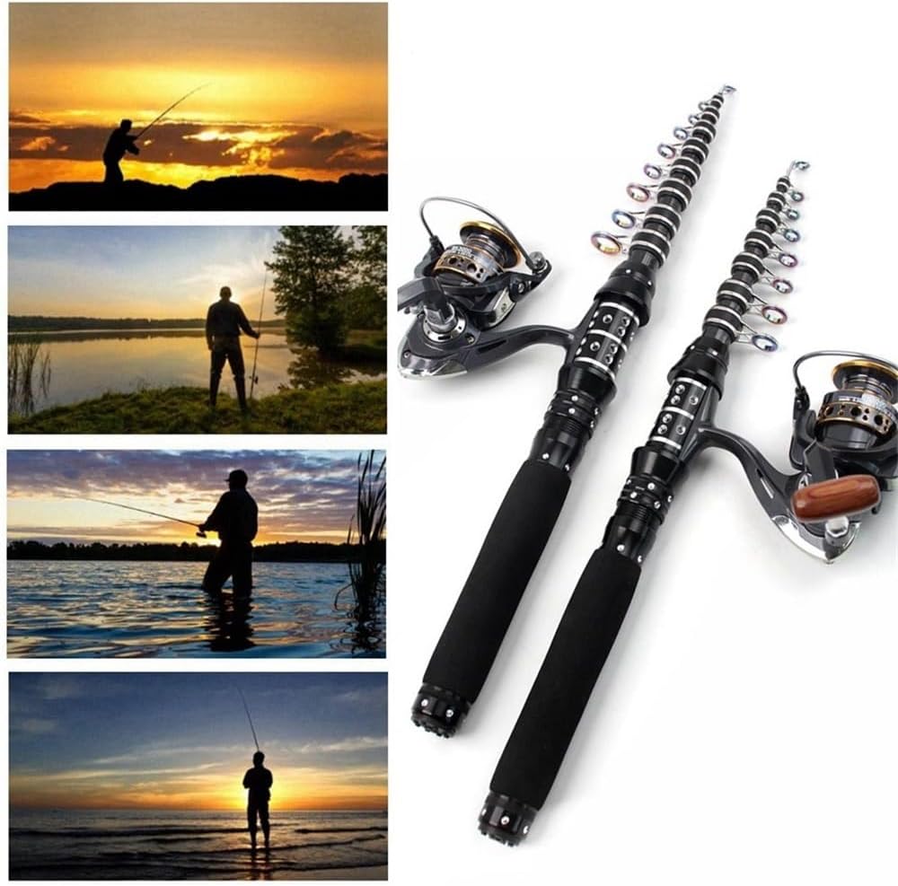 Angelruten- und Rollenkombinationen, tragbar, aus Carbon, tragbar, Teleskoprute , aus Carbon, tragbar, Teleskoprute und Rollen, Vara de Pesca, mit Molinete-Angelrute (2,1 m Rute, 3000 Rolle)