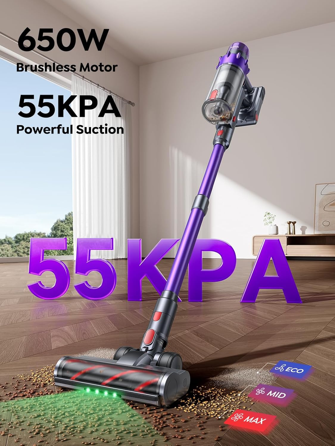 SMOTURE Cordless Vacuum Cleaner, 650W 55KPA 70Mins Vacuum Cleaners for Home, Cordless Stick Vacuum with LED Touch Screen, Anti-Tangle Wireless Vacuum, Handheld Vacuum for Pet Hair/Carpet/Floor