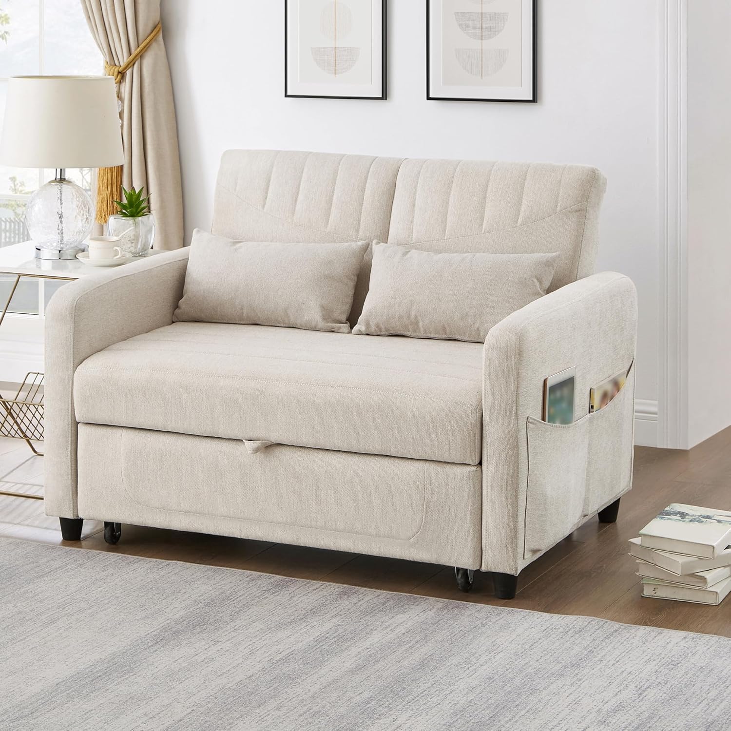 Divano pieghevole a due posti, design allungabile, semplice e moderno, stile contemporaneo, schienale regolabile in tre livelli, tessuto in cotone e lino traspirante (beige)