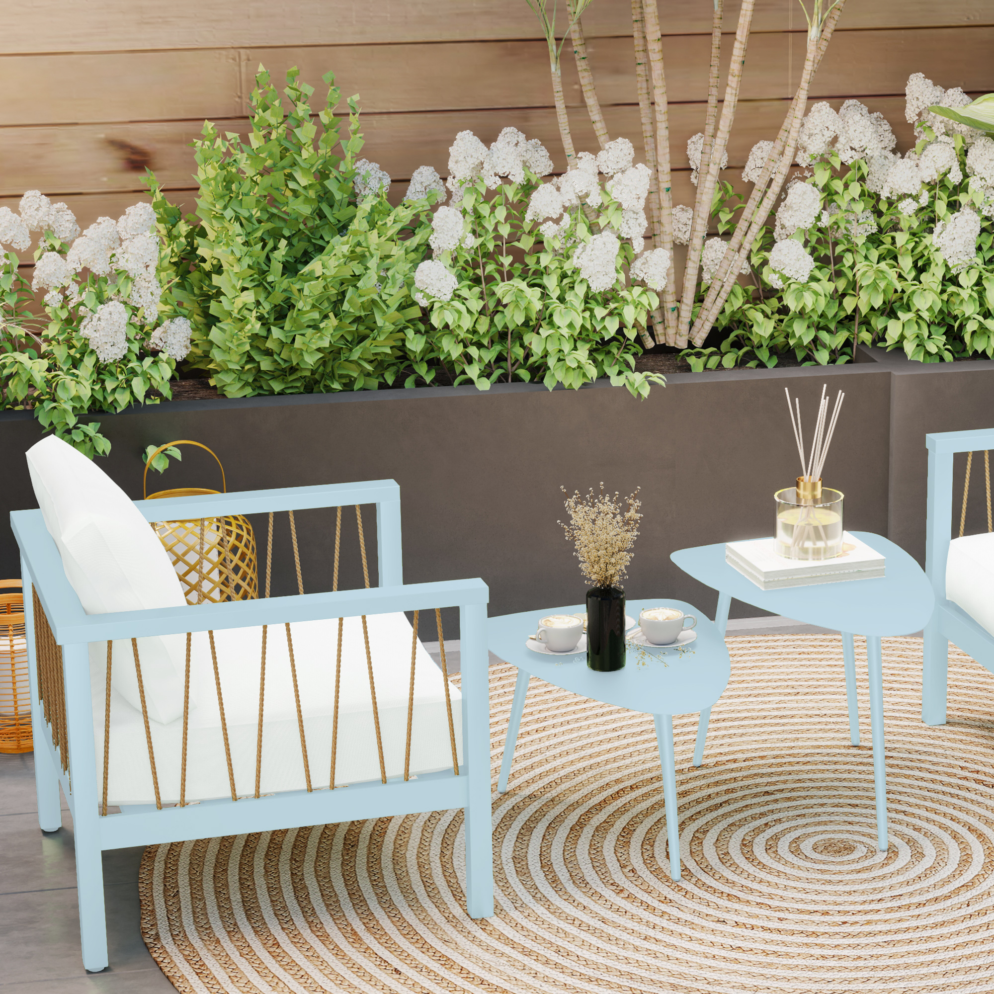 Outsunny Set mit 2 Garten-Couchtischen, nestbare dreieckige Beistelltische, Stahlrahmen mit verstellbaren Gleitern hellblau