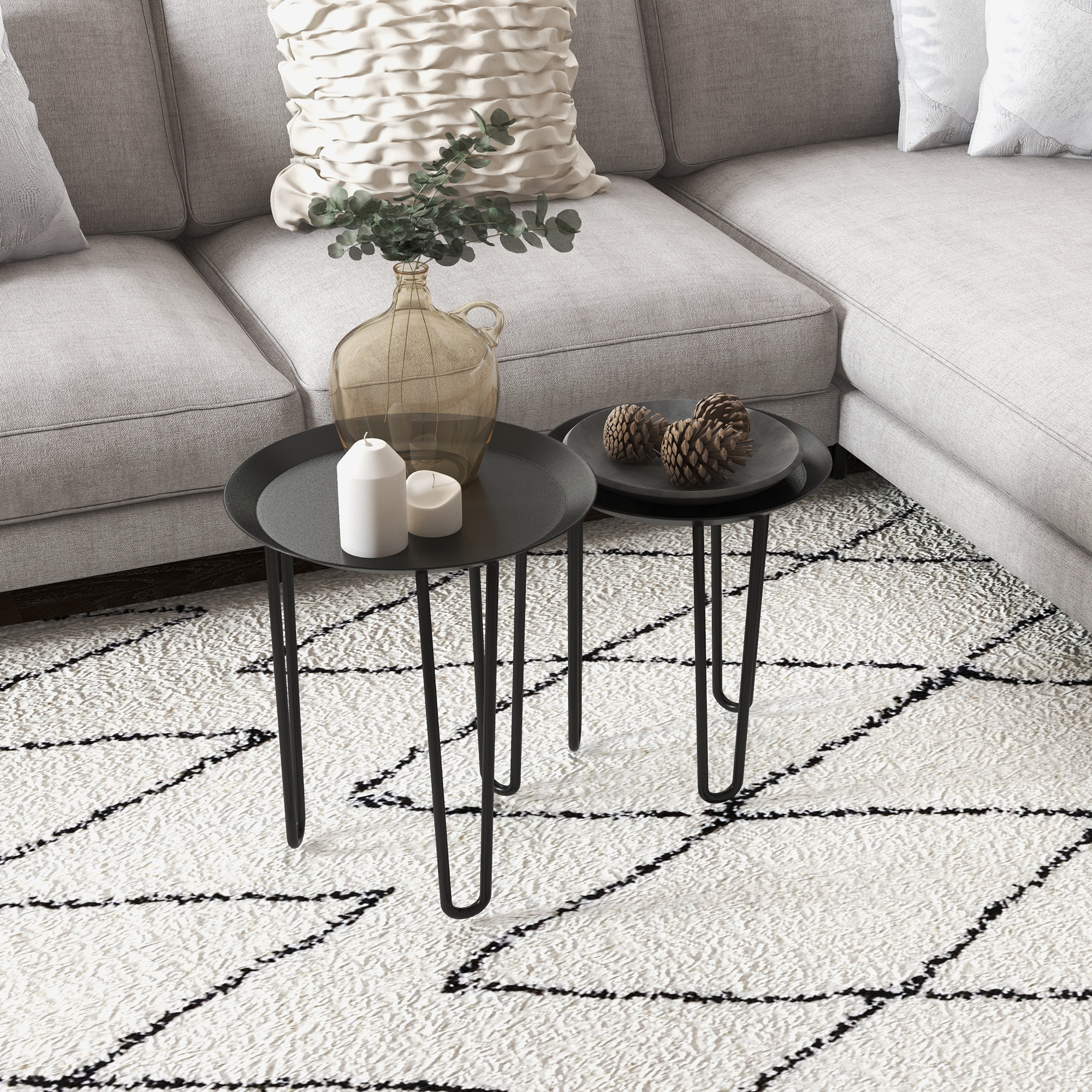 HOMCOM 2er-Set Beistelltische im Skandi-Design, Couchtische, Haarnadelbeine, Schwarz