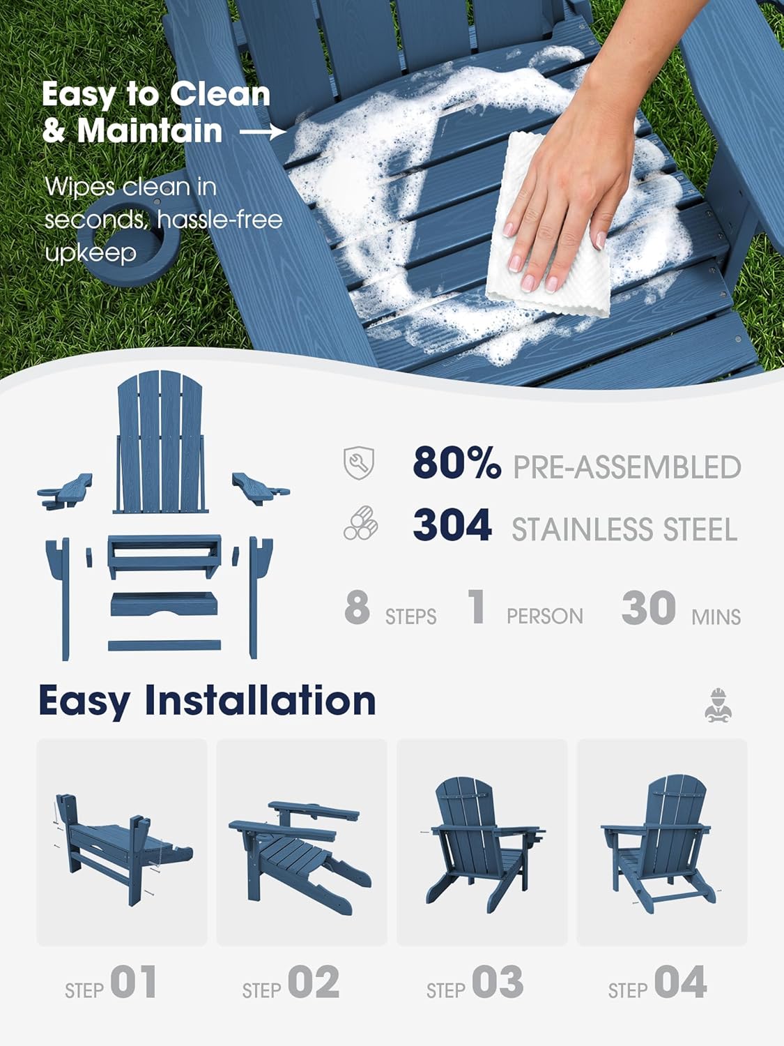 KINGYES Folding Adjustable Adirondack Chair with Retractable Ottoman  HDPE Recliner Adirondack Chair with Cup Holder  Blue