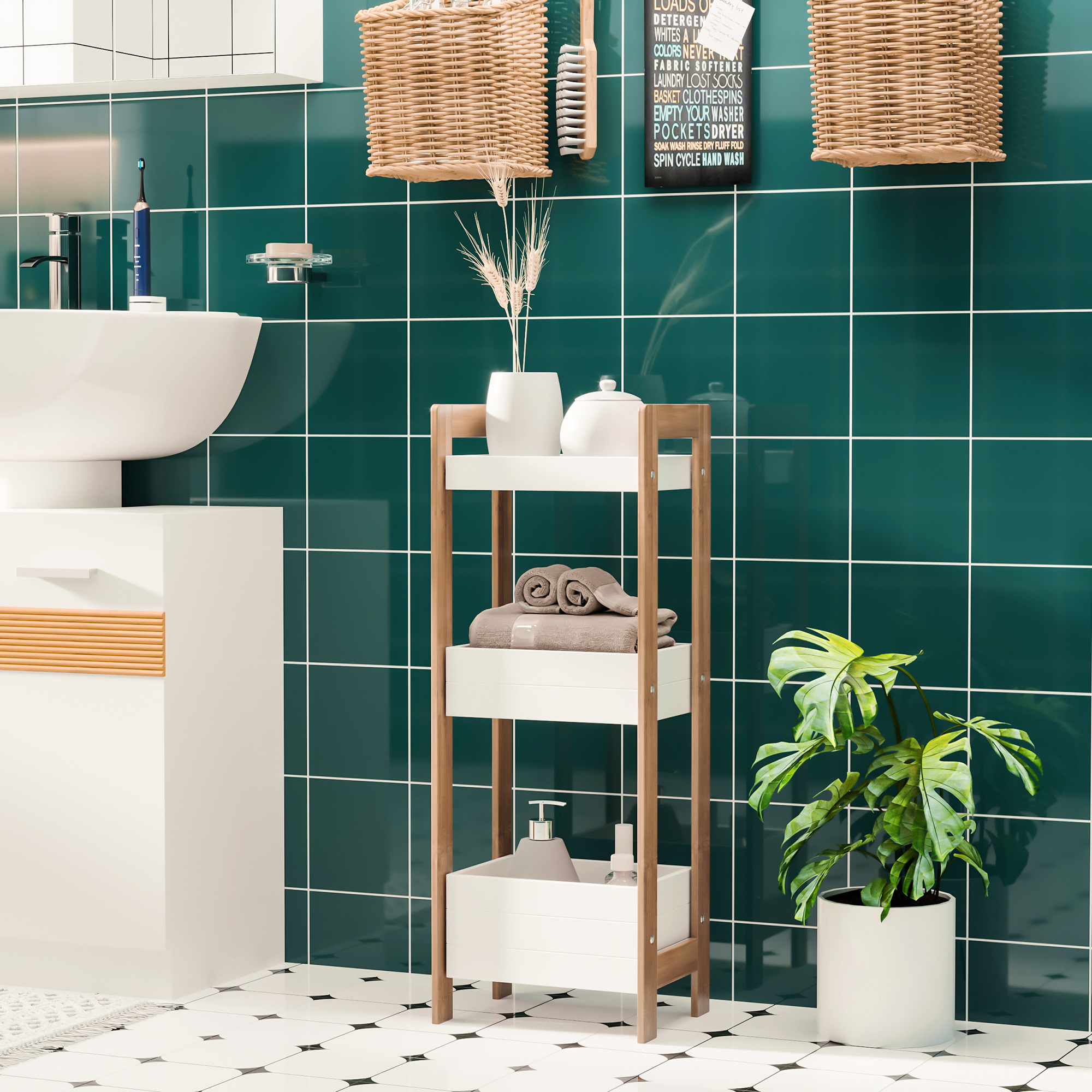 HOMCOM Badregal Korbregal aus Bambus Standregal Badezimmer Regal 3 Staufächer Weiß