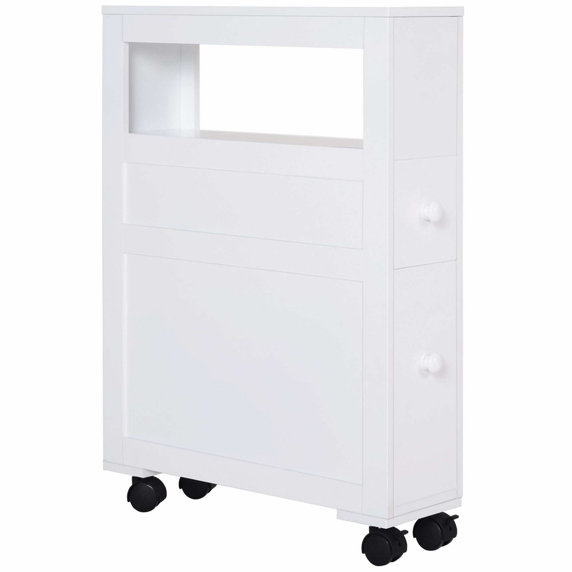 HOMCOM Badezimmerspeichermöbel auf Rollen WC Schrank offenes Regal 2 Schubladen 16 x 52 x 71,5 cm weiß