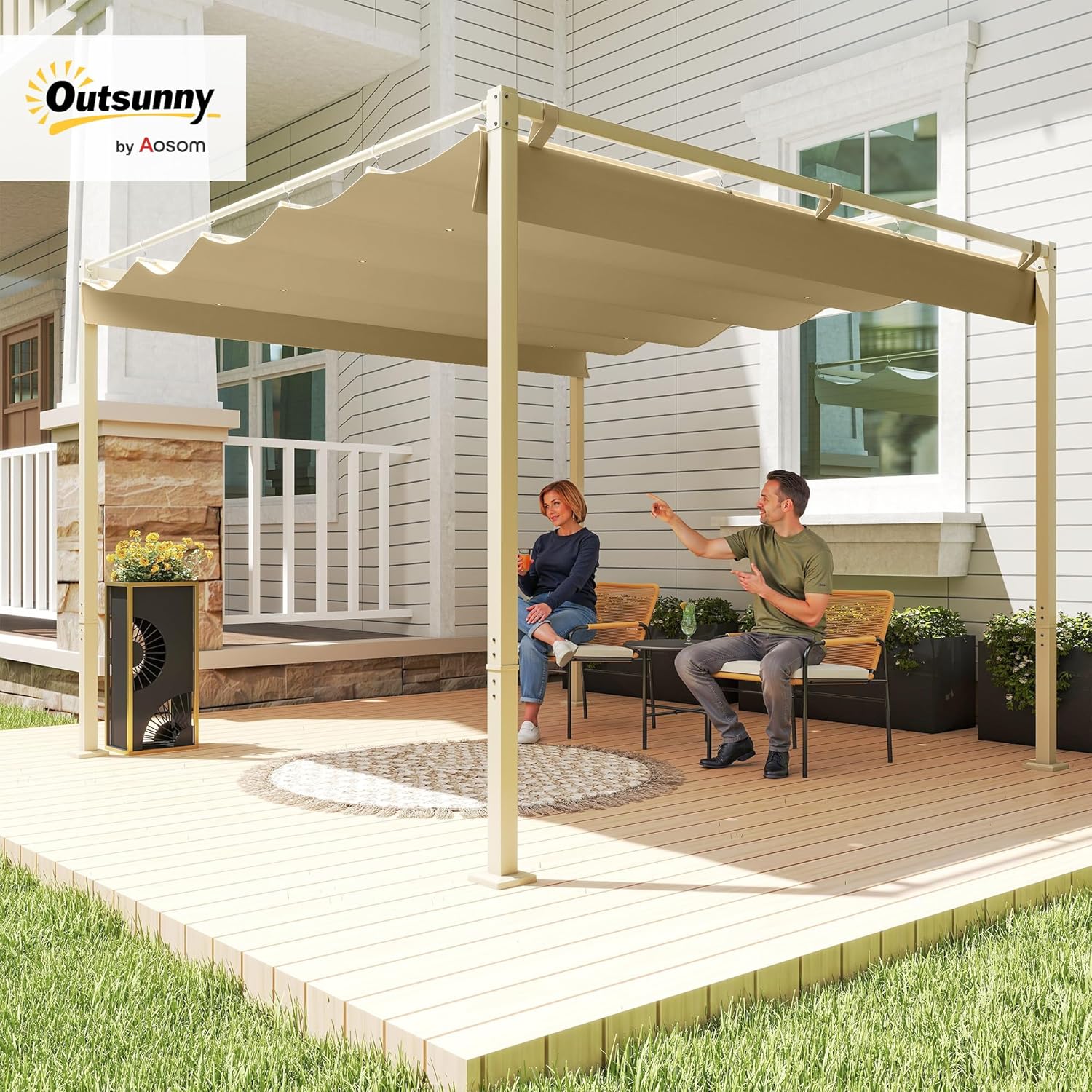 Outsunny Pergola Gazebo 3 x 3 m Pergola with Retractable Heavy Duty Tarpaulin, Metal Frame, Pergola for Garden, Terrace, Balcony, Porch, Patio, Pool and Outdoor, Khaki