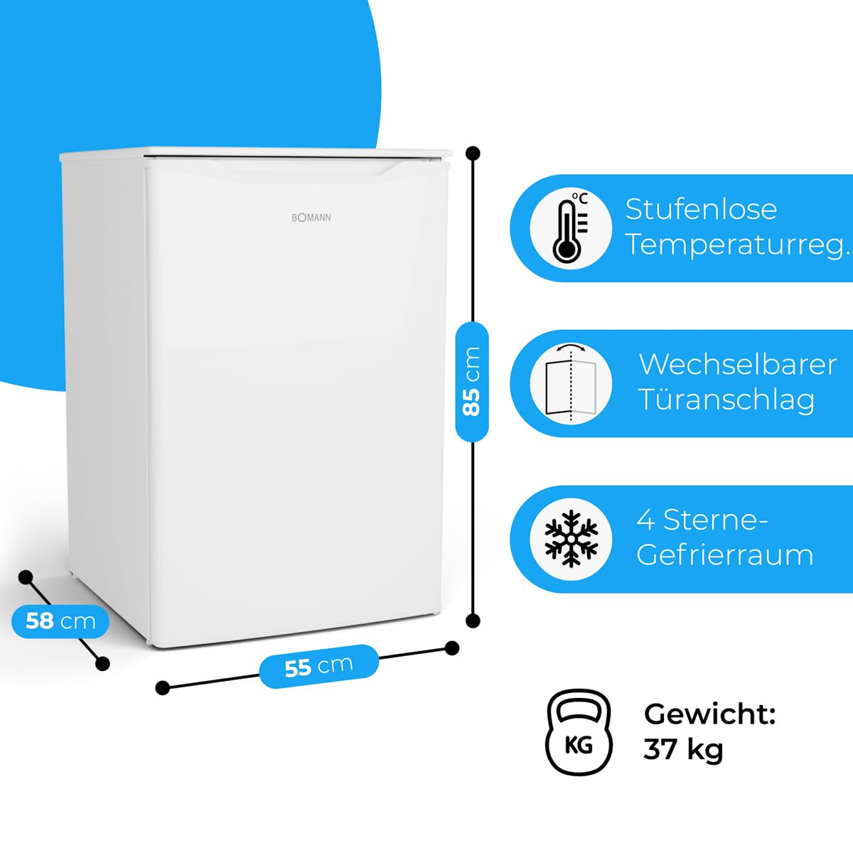 Gefrierschrank 87 L mit 4-Sterne-Gefrierfach, GS 7253, 3 Schubladen und Eiswürfelschale, weiß