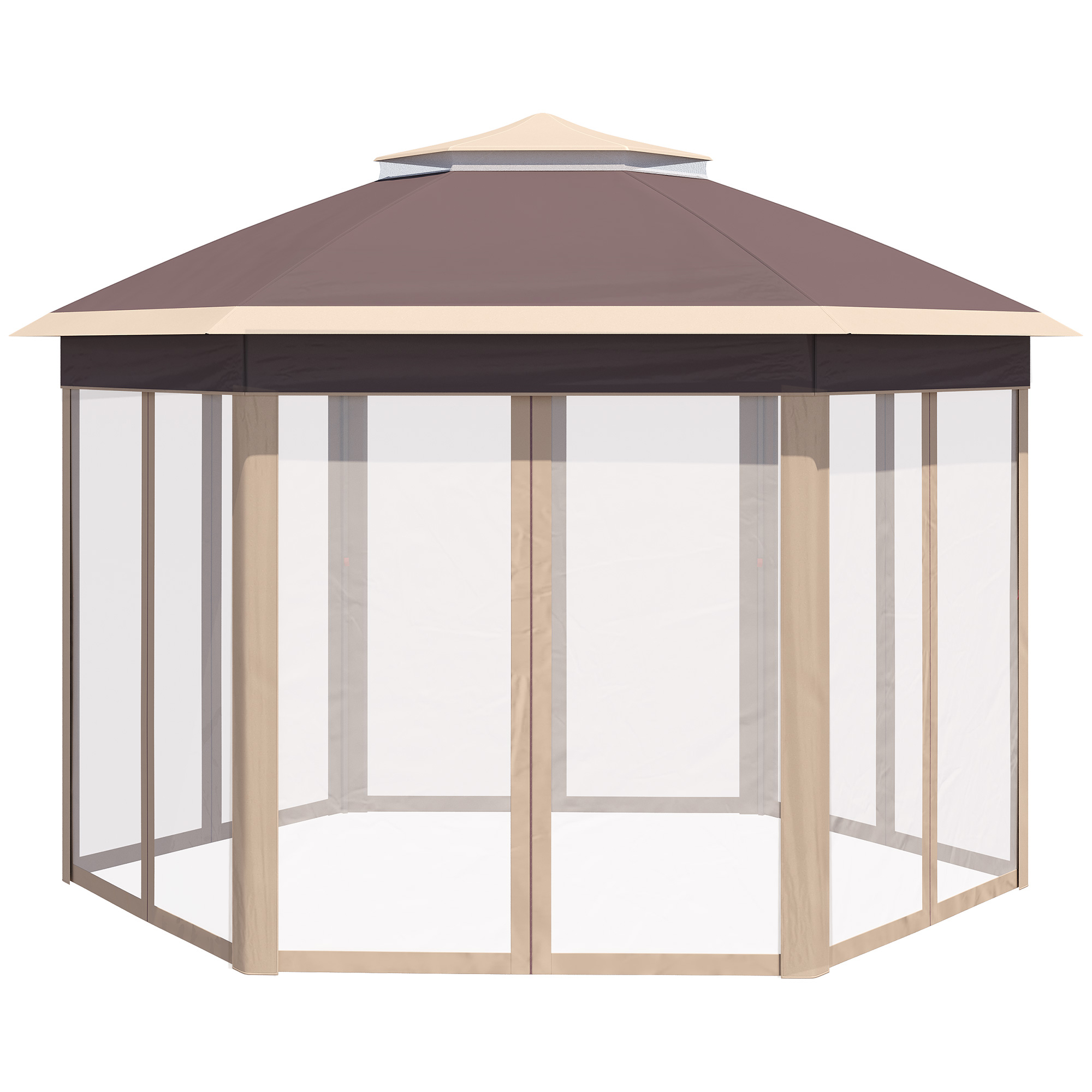 Outsunny tuinpaviljoen opvouwbaar tuinhuisje 4 x 4 m pop-up tent partytent incl. draagtas 6 zijpanelen dubbel dak zeshoekig beige + kaki