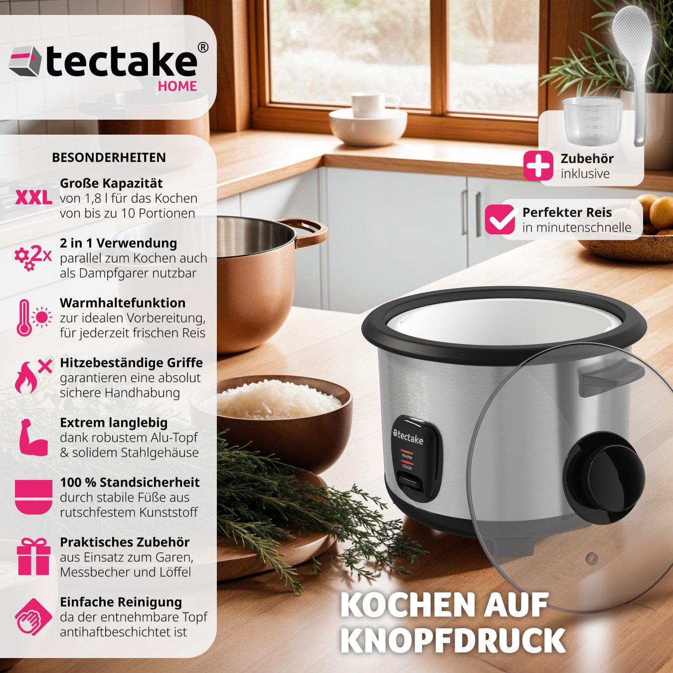 Reiskocher Dampfgarer mit Dampfgareinsatz, 1,8 l, Warmhaltefunktion