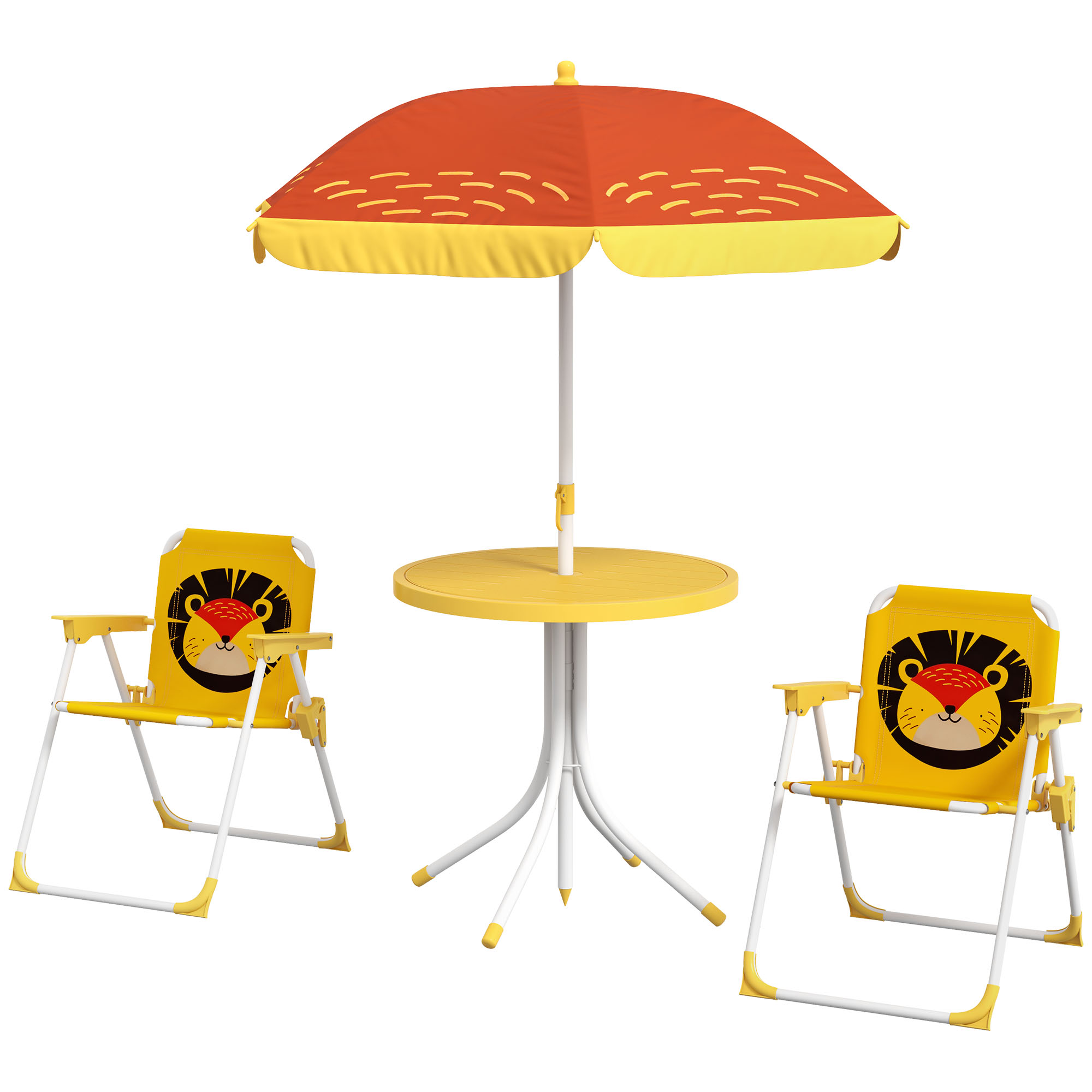 Outsunny Gartenmöbelset für Kinder, 4-teilig, Löwenmotiv mit verstellbarem Sonnenschirm Ø 100 cm, klappbarer Stuhl, Gelb