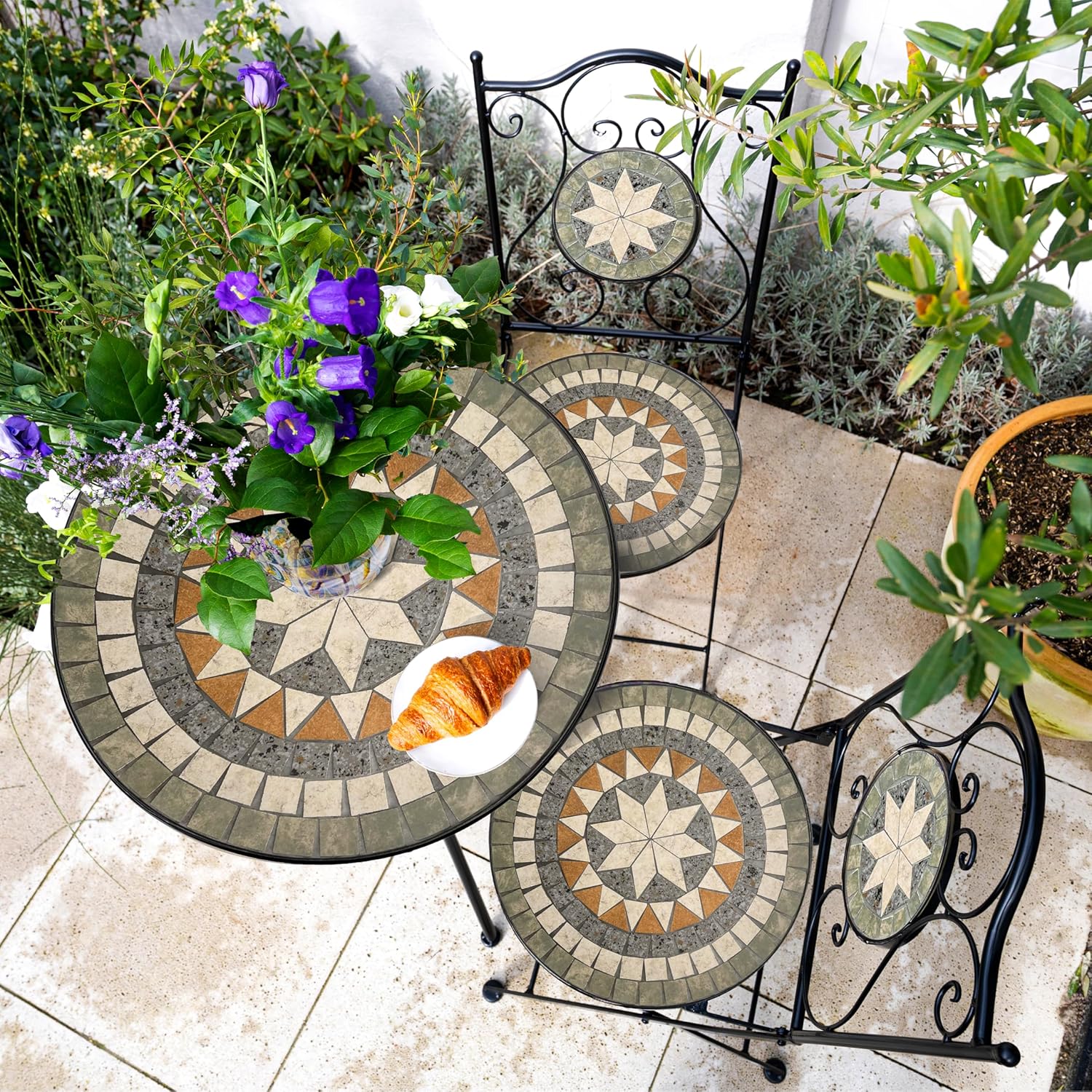 AXI Amélie Bistrot Set, 2 Chairs 1 Table, Balcony Bistro Set, Porch Mosaic Star Grey – Outdoor Bistro Set, Mosaic Bistro Table for Garden/Balcony/Terrace