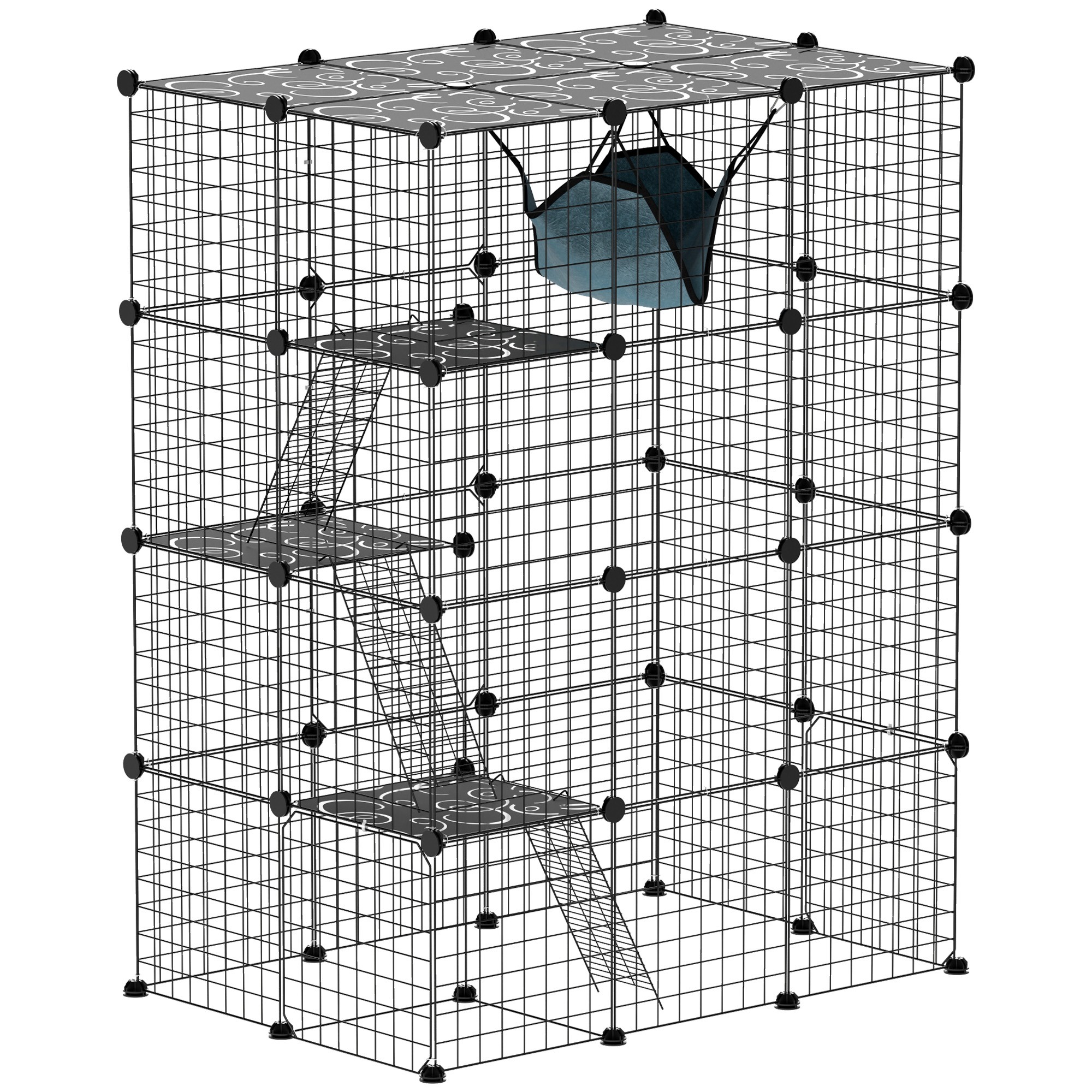 PawHut Katzenkäfig aus Stahl für den Innenbereich mit 4 Ebenen DIY mit 5 Türen Hängematte 1-3 Katzen 105 x 70 x 140 cm Schwarz