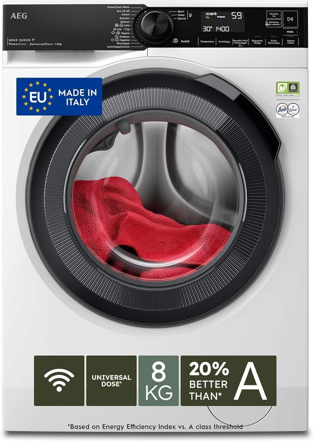 AEG Serie 8000 Lavatrice a carica frontale LR8H84BBY con tecnologia PowerCare, cassetto UniversalDose, capacità 8kg, bianco [Classe di efficienza energetica A]