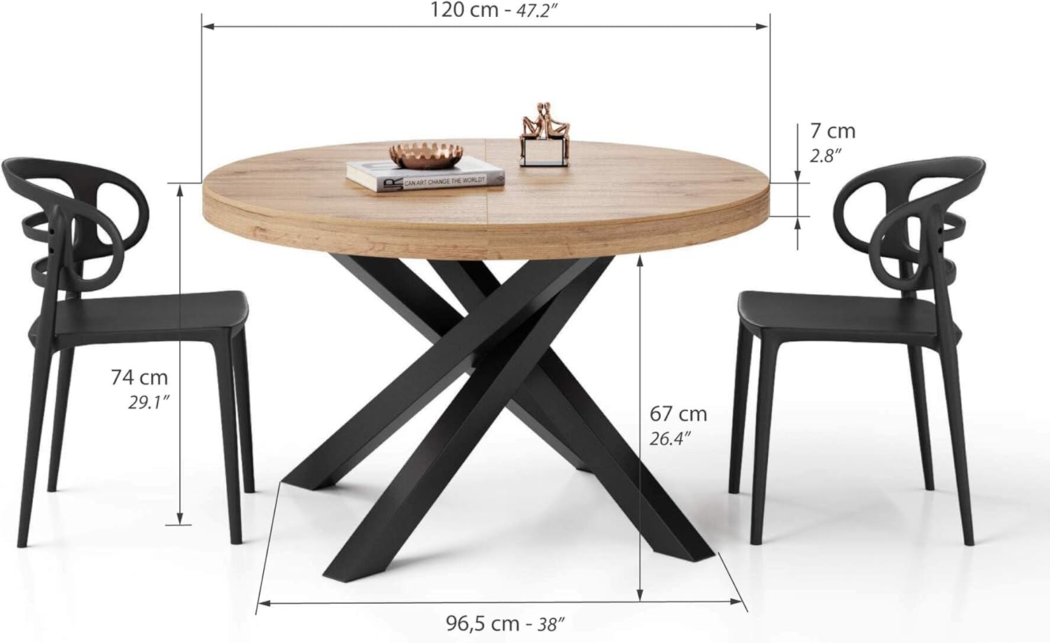 MOBILI FIVER, Runder ausziehbarer Tisch Emma, 120-160 cm, Rustikale Eiche mit gekreuzten Schwarzen Beinen, Made In Italy