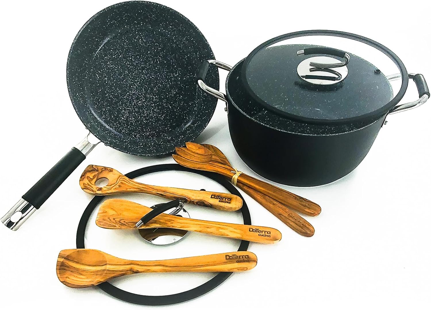 DaTerra Cucina Nonstick Large Pasta Bundle – Induction Compatible Ceramic Coated Non Stick Frying Pan & Dutch Oven Set w/Olive Wood Utensils - Ideal for Frying, Sautéing & Roasting - Made in Italy