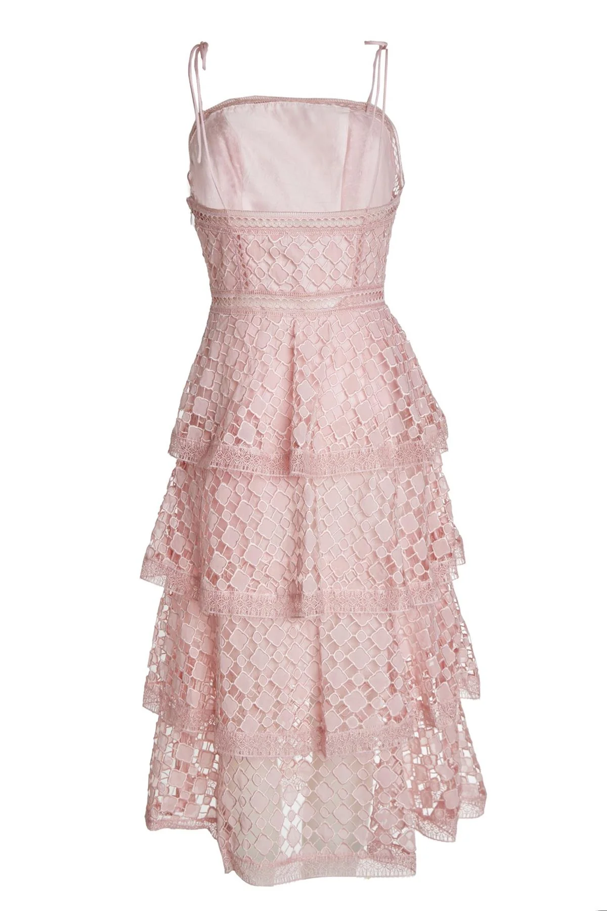 Bella Pink Organza Cutwork Strappy Tiered Midi Dress