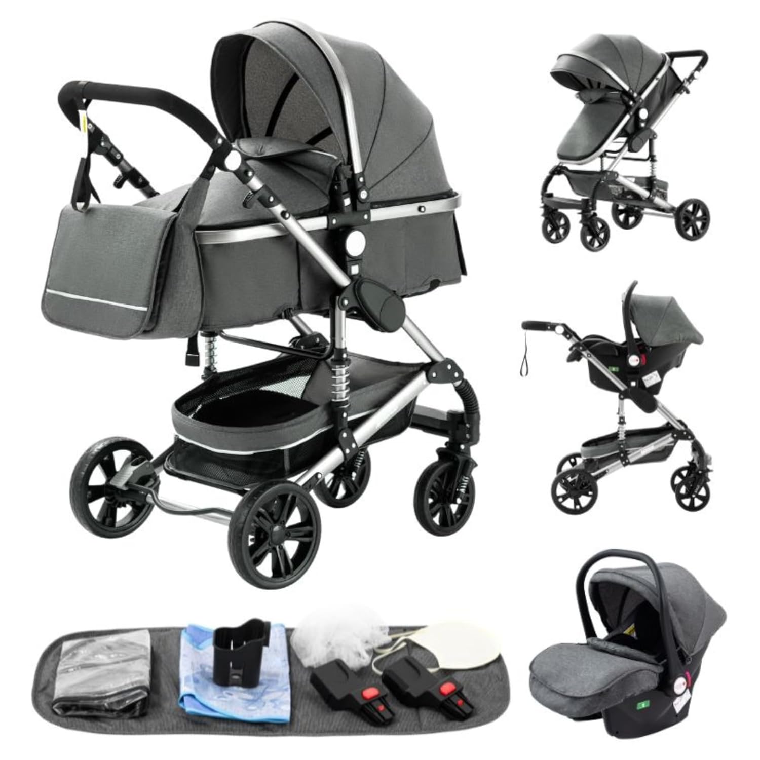 YAZOCO kinderwagen 3 in 1 Buggy Babybett Komplett Set Einem Klick Zusammenklappbarer Kinderwagen, KombiKinderwagen Aluminiumrahmen für Neugeborene Sitzzubehör (1 schwarz)