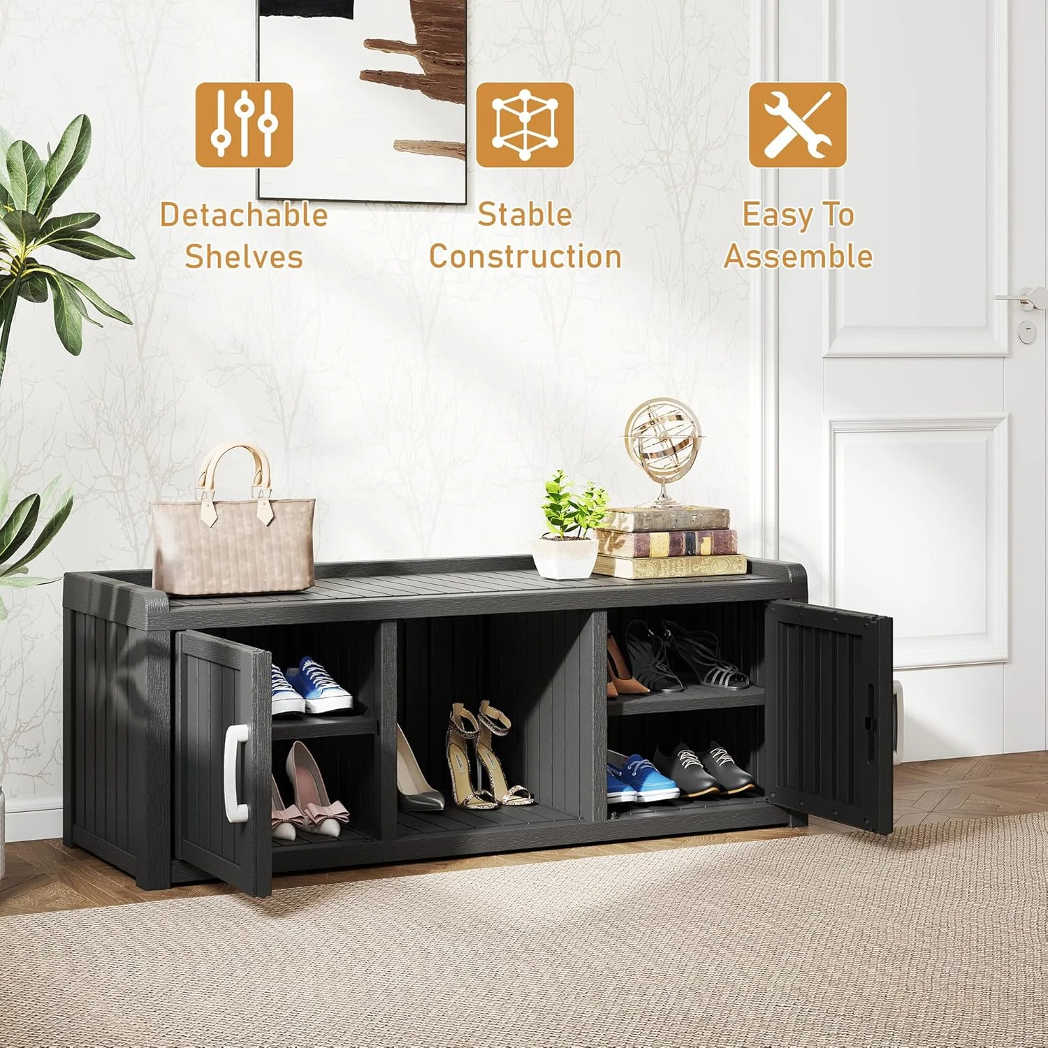 KAMABOKO Outdoor Shoe Storage Cabinet, Waterproof UV-Resistant Entryway Storage Bench Indoor Outdoor with 2 Barn Doors, Adjustable Shelves for Entryway, Bedroom, Hallway,Living Room(Black)