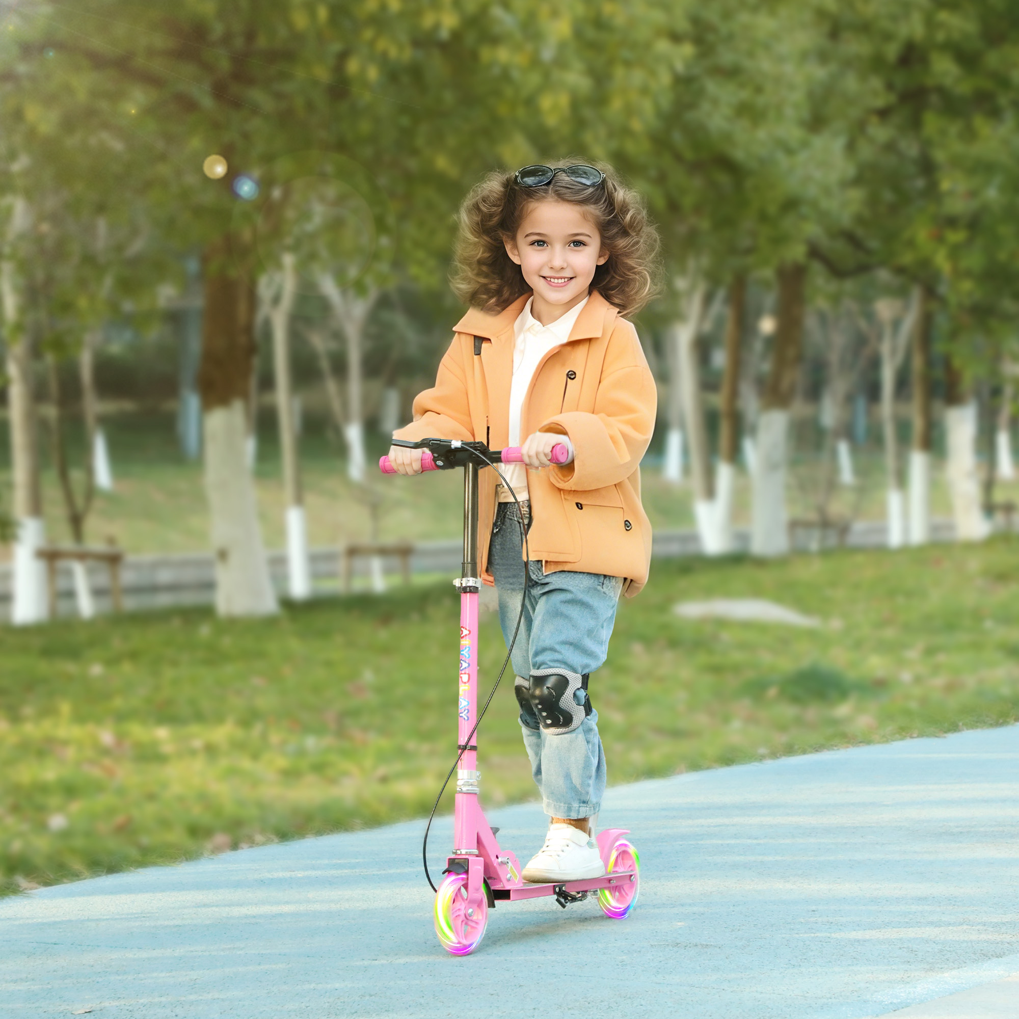 AIYAPLAY Kinderroller, Doppelte Bremsen, Metallrahmen, Fußstütze, faltbar, 3-8 Jahre, Rosa