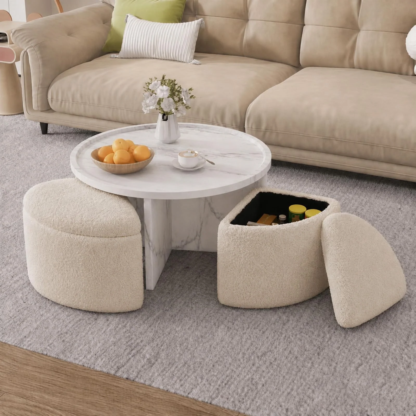 Runder Couchtisch mit 4 Hockern & Stauraum, 80 cm, platzsparend