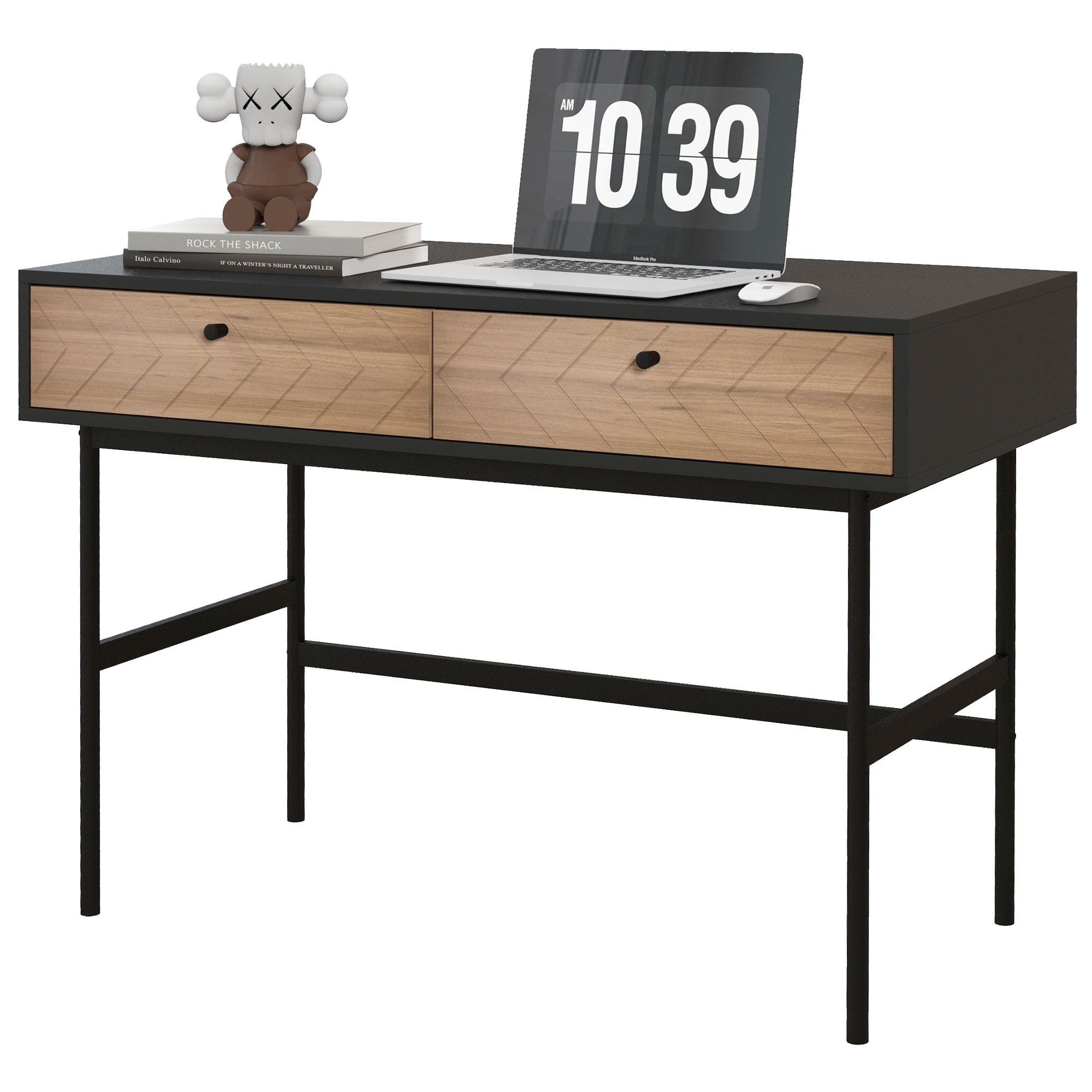 HOMCOM Kompakter Konsolenschreibtisch mit 2 Schubladen, Chevron-Fronten, schwarzer Metallstruktur, 106L x 50B x 77H cm