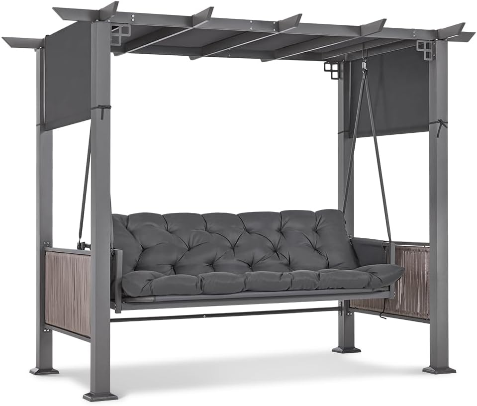 M MCombo dondolo Hollywood 3 posti con funzione letto e padiglione da giardino, dondolo con tettuccio retrattile, cuscino extra spesso da 8 cm e ganci silenziosi, panca da giardino 4067 (grigio)