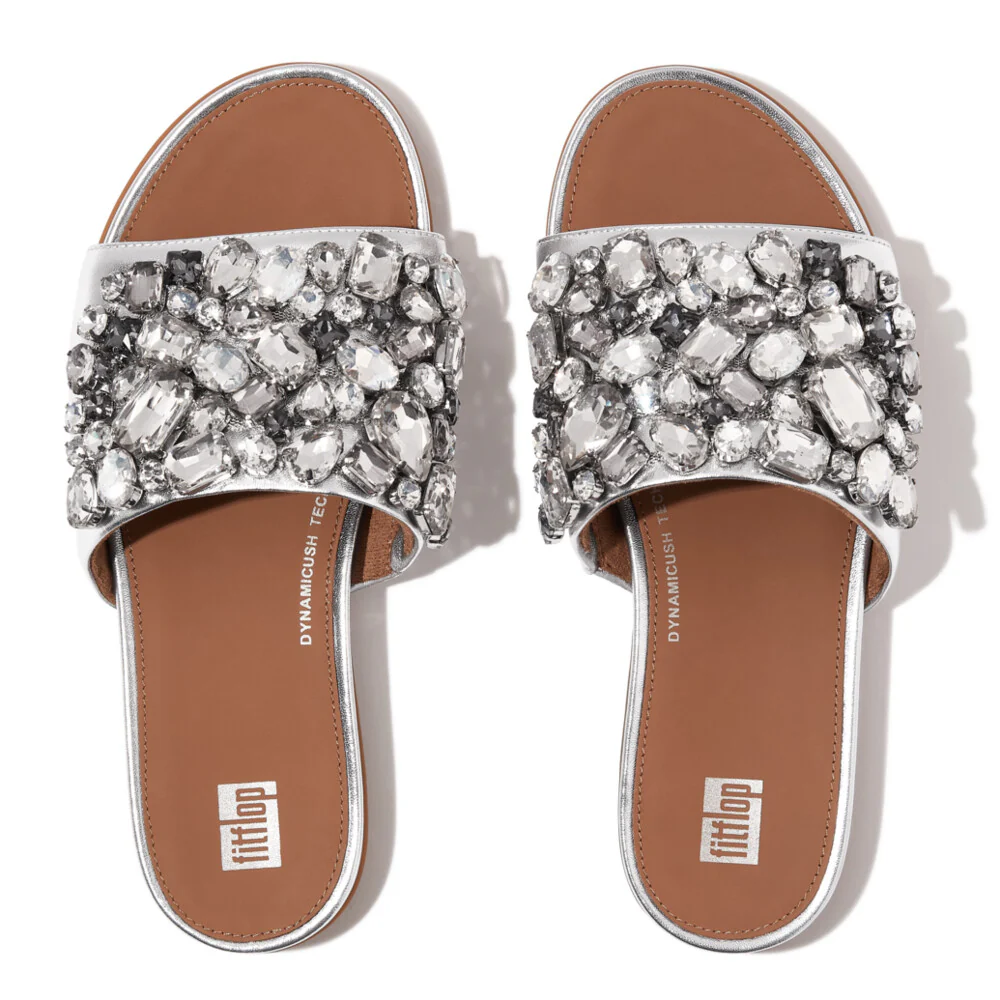 FitFlop Gracie Jewel-Deluxe Metallic-Lederpantoletten Silver
