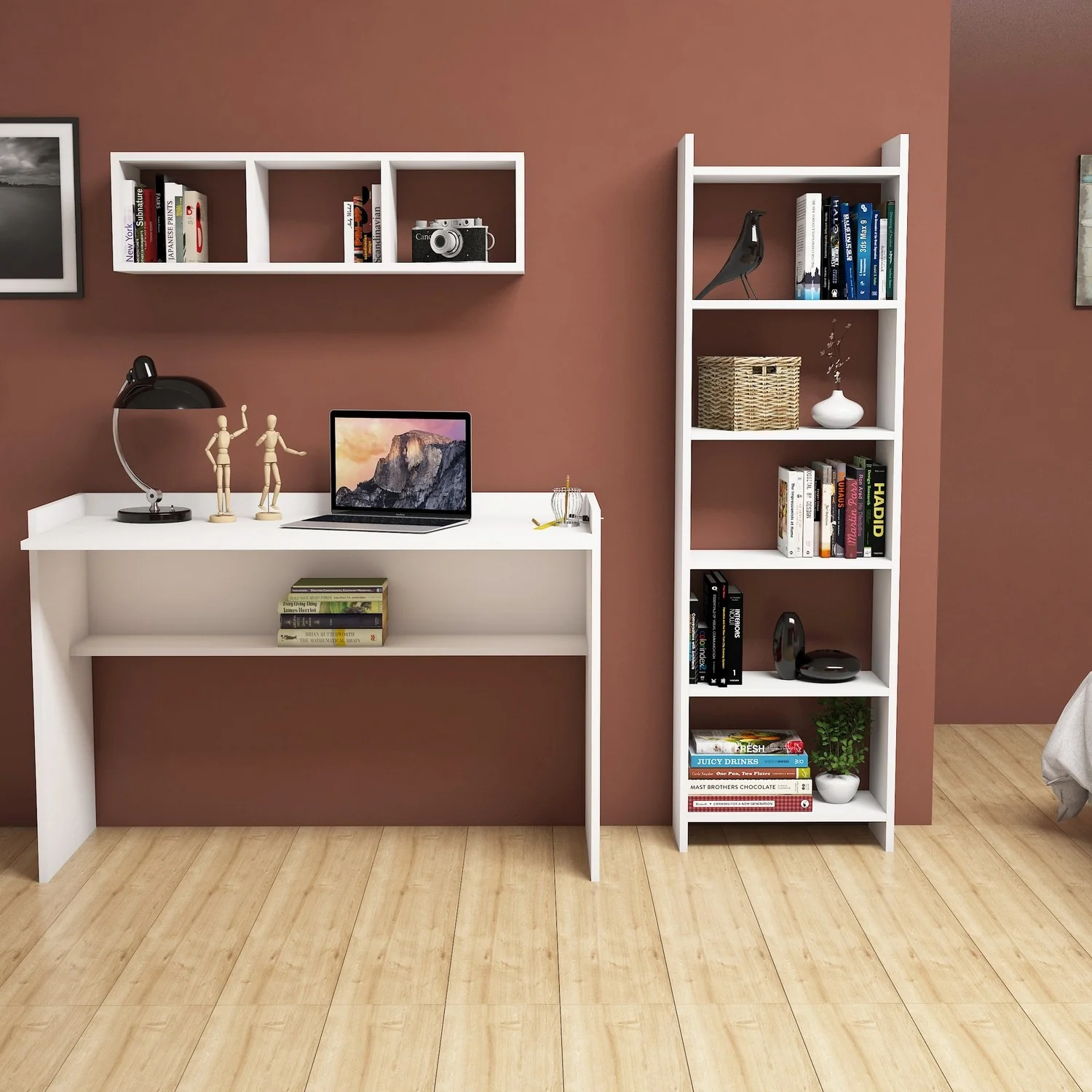 Composizione moderna scrivania per ufficio e casa in legno con mensola e libreria