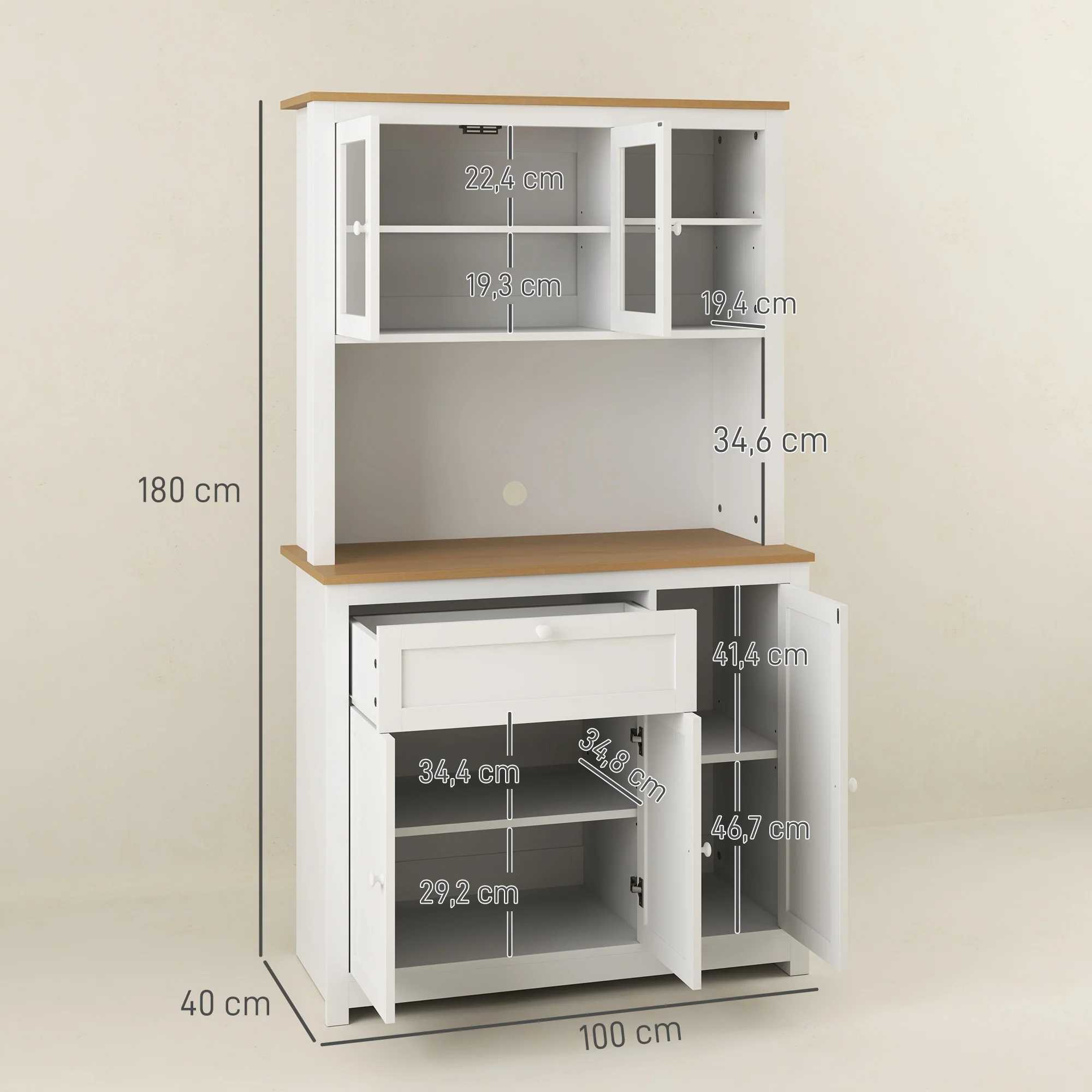 HOMCOM Landhuisstijl Keukenkast, 1 Vitrine, 1 Open Schap, 1 Lade, 2 Kasten, Natuur + Wit