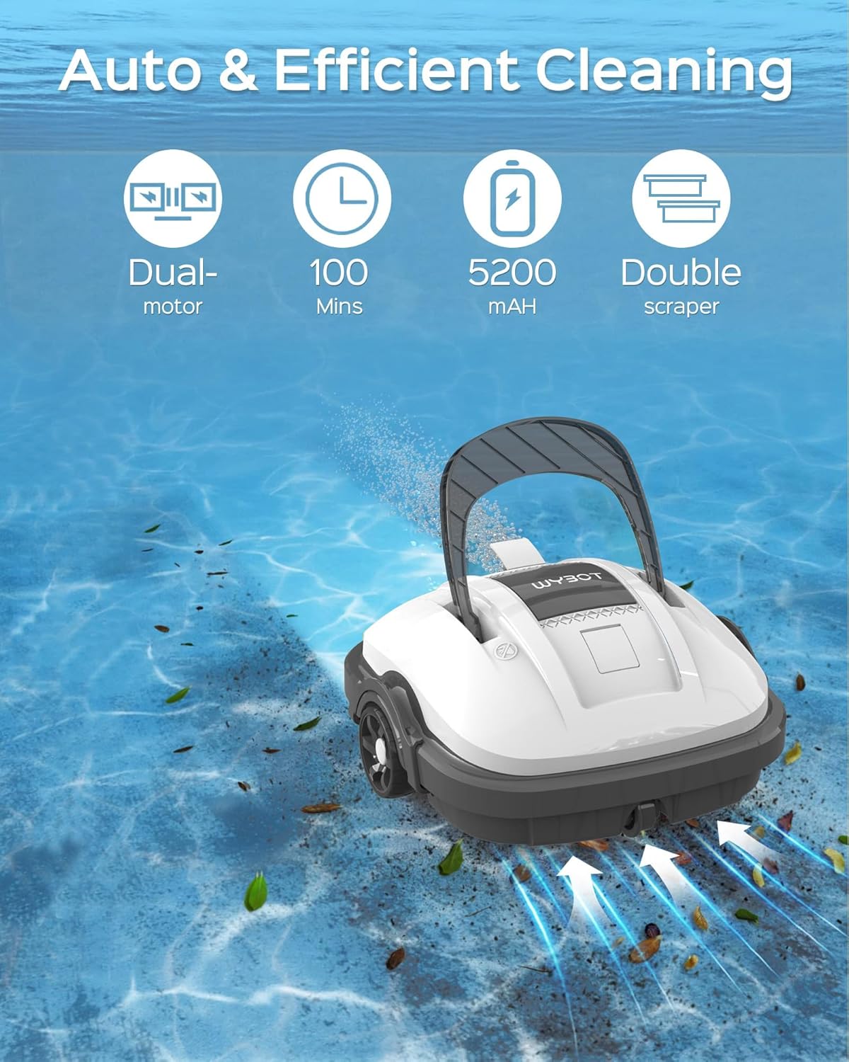 WYBOT Robot Piscina Fuori Terra per Piscina da 80m², Robottino Pulitore con Doppia Motricità e Parcheggio Autonomo | Robot Piscina Pulitore Senza Fili con Batteria Autonomia 100 Min Bianco